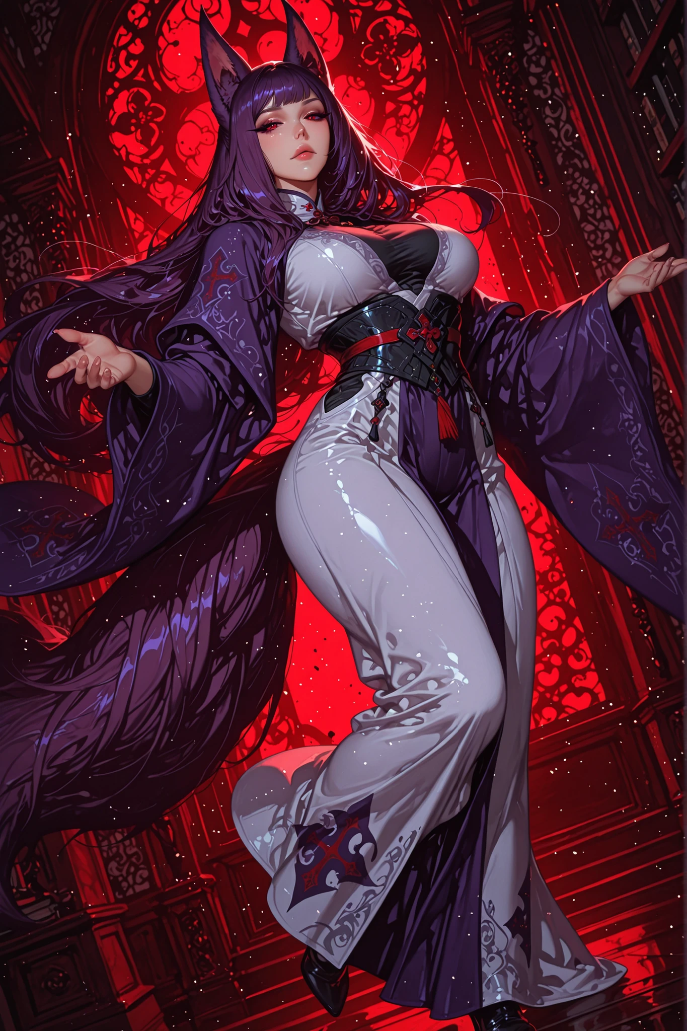 adult female, medium plus plus sized breasts, Foc Ears, Five Fox tails mature women, mature woman, 1girl, pinklips,calm gaze, crimson-red eyes, purple eyeliner, purple hair(eminence shade), purple robes(white embroidery), medium plus plus sized breasts, toned body, very long hair, straight hair, looking at viewer,full body, white business office background, motion blur, dynamic pose, dynamic composition, masterpiece, best quality, dynamic angle, high quality, amazing quality, very aesthetic, absurdres, newest