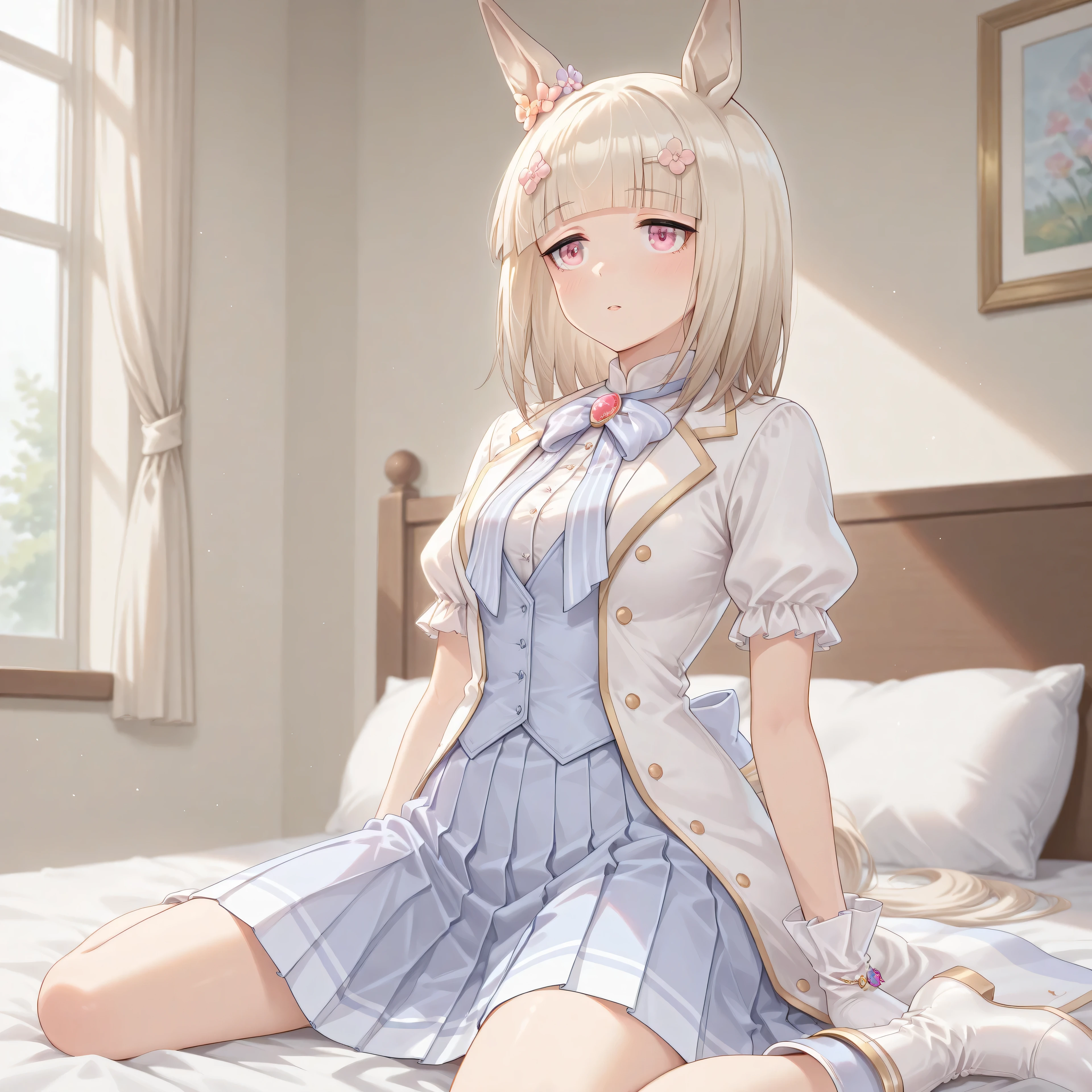 anime, lazypos, masterpiece, best quality, amazing quality, in dormatory, sitting on bed, 1girl, solo, alone, happy meek \(umamusume\), frilled sleeves, blue bowtie, boots, dress shirt, puffy short sleeves, brooch, white gloves, white footwear, blue skirt, white shirt, blue vest, jewelry, collared shirt, open clothes, pleated skirt, open jacket, white jacket, striped bowtie,