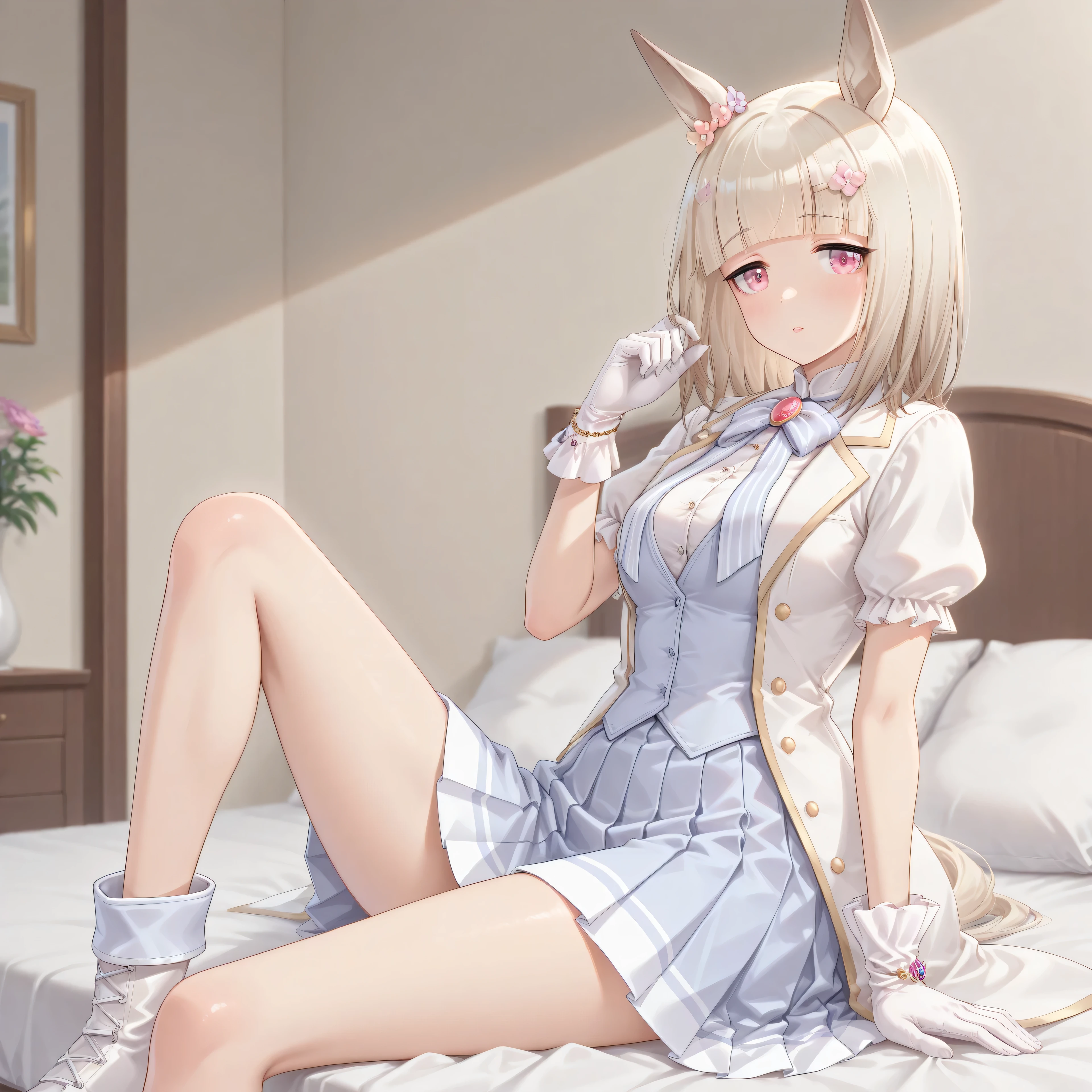 anime, lazypos, masterpiece, best quality, amazing quality, in dormatory, sitting on bed, 1girl, solo, alone, happy meek \(umamusume\), frilled sleeves, blue bowtie, boots, dress shirt, puffy short sleeves, brooch, white gloves, white footwear, blue skirt, white shirt, blue vest, jewelry, collared shirt, open clothes, pleated skirt, open jacket, white jacket, striped bowtie,
