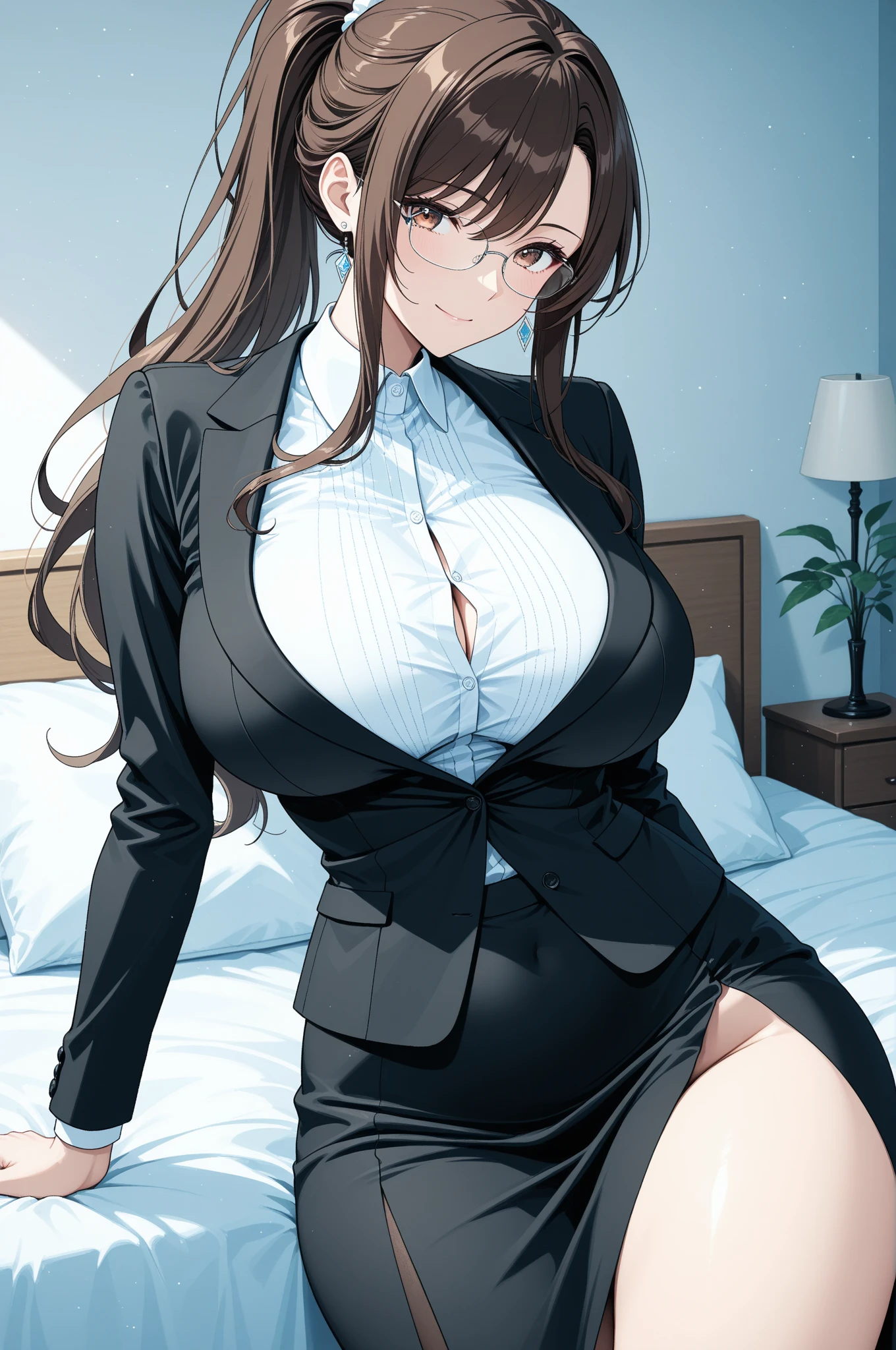 ((super high quality,Ultra-high resolution,16K,super masterpiece,Ultra HD ,Detailed shading,))Full body photo,A hill illuminated by the setting sun,One sexy mature woman,((popped Tight collar Pink shirts,SEXY cleavage,))Folded sleeves,Red pencil skirt,Black high heels,Brown medium long hair,Disheveled Hair,smile,blush,Thick lips,Sweaty,A small amount of drooling,