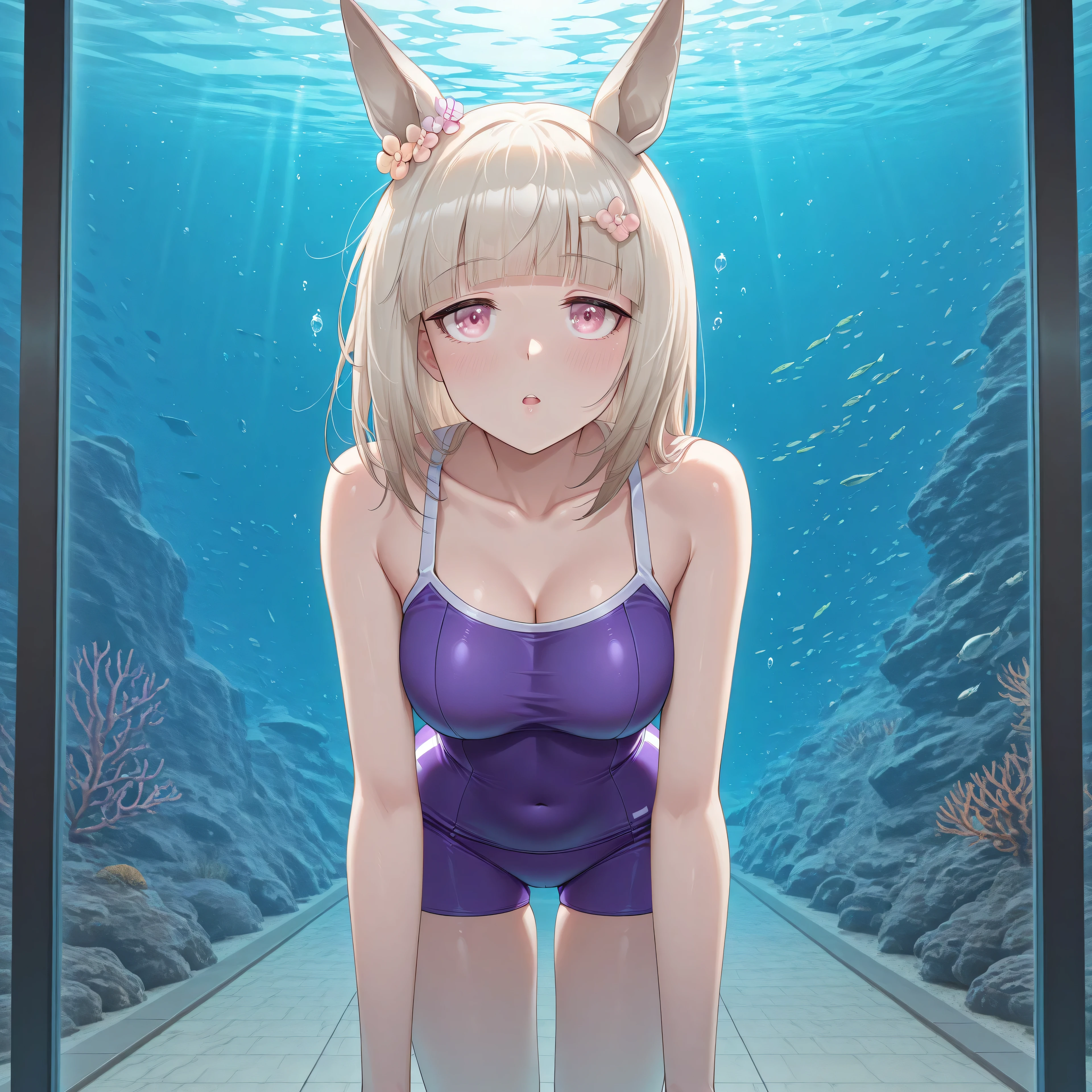 anime, lazypos, masterpiece, best quality, amazing quality, 4qu4r1um, in aquarium, behind underwater window, fish, 1girl, solo, alone, happy meek \(umamusume\), tracen swimsuit, amazed expression, swimming, holding breath,