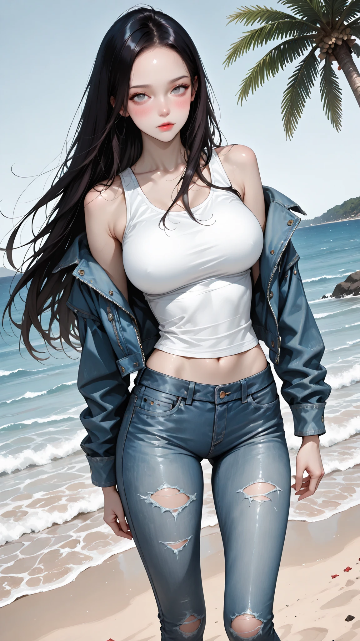1girl, (huge breasts), Loose bohemian sky blue blouse, distressed denim shorts, sandals, feather shaped earrings, colorful bracelet, breezy, (gradient blue hues long wavy hair:1.2), carefree and laid-back stance, hand touching hair, easygoing expression, adventurous, realistic , city on the beach, 