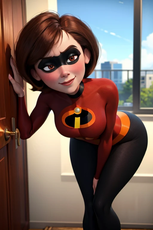 (masterpiece), best quality, depth of field, 1girl, solo, looking at viewer, smilling,breasts, helenparr, domino mask, mask, bodysuit, elbow gloves, thighhighs, thigh boots, wide hips, sitting on bed edge, ((legs full separated:1.4)), at the ???'s bedroom