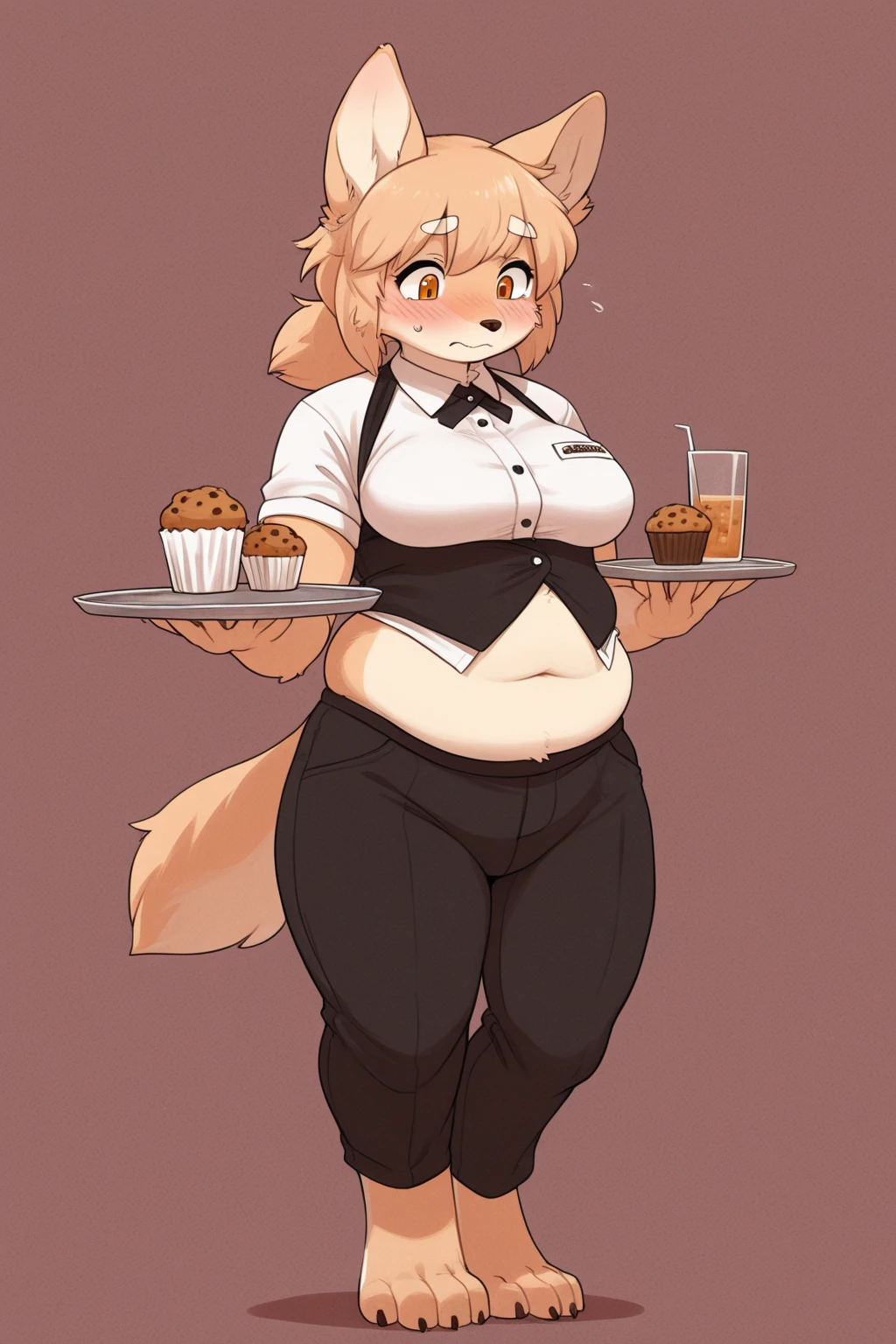 Solo, female, (((by bebebebebe))), standing, shiba inu, brown eye, huge breasts, in a cafe, day, dramatic lighting, (((only wearing a green apron and a black cap))), ((nipple outline)), wide hips, thicc, starbucks, ((thicc thighs)), (((very very horny))), barista, embarrassed, barely standing,