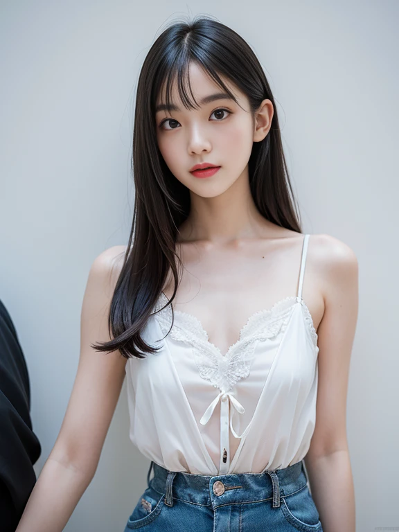 Tabletop,( Highest quality),(masterpiece) Realistic,real , Realistic, Very detailed, finely, High resolution, 8k wallpaper,,Anatomically correct body, Symmetrical eyes, Beautiful Eyes, 1 Cute Girl,(Korean Girl:1.4),(20-year-old:1.4), (Black Hair:1.3),(Straight long hair:1.4),(She is thin:1.3) ,(彼女はSilk White Lingerieを着ています:1.4), Sharp focus, Perfect dynamic composition, finelyてBeautiful Eyes,Slim body,(Small breasts:1.4)(Small breasts:1.4),(Small breasts:1.4),(Small breasts:1.4), Thin Hair, Detailed and Realistic skin texture, smile, Cute Face, Standing pose、(whole body:1.4)((Silk White Lingerie:1.4))