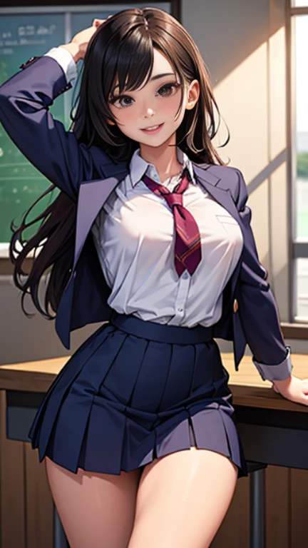 One girl, Five Fingers, mini skirt, Looking down at the viewer, Twin tails, highest quality, Focus on the thighs, Dynamic pose, smile, blazer, blouse, Black Pantyhose, panties under pantyhose, Standing Split, classroom, Black Hair, Stylish pose,Thick thighs、My crotch is steamy 、reg spread