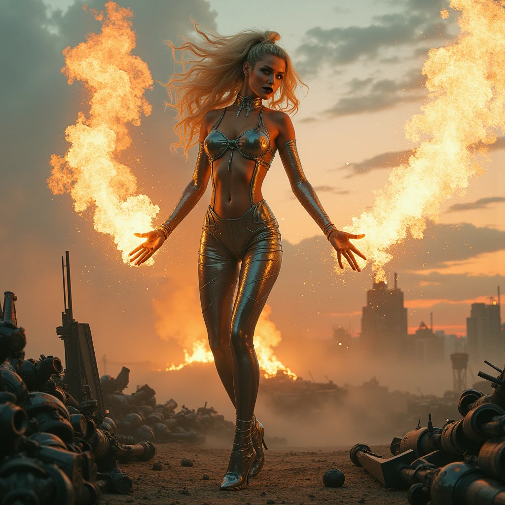 ((Analog photo. 70’s photo)), ((resilient)) full body. an ultra hot gorgeous European woman. Age 23. Blonde hair. ???? hourglass body. ExtraLarge ?????? (100E size) cleavage. She’s looking like a shiny ???? love robot. standing amidst nuclear wasteland ruins, delicate flowers emerging from the desolation, ominous clouds casting shadows, ((haunting beauty)), post-apocalyptic masterpiece. Fire. Heavy smoke. Misty.