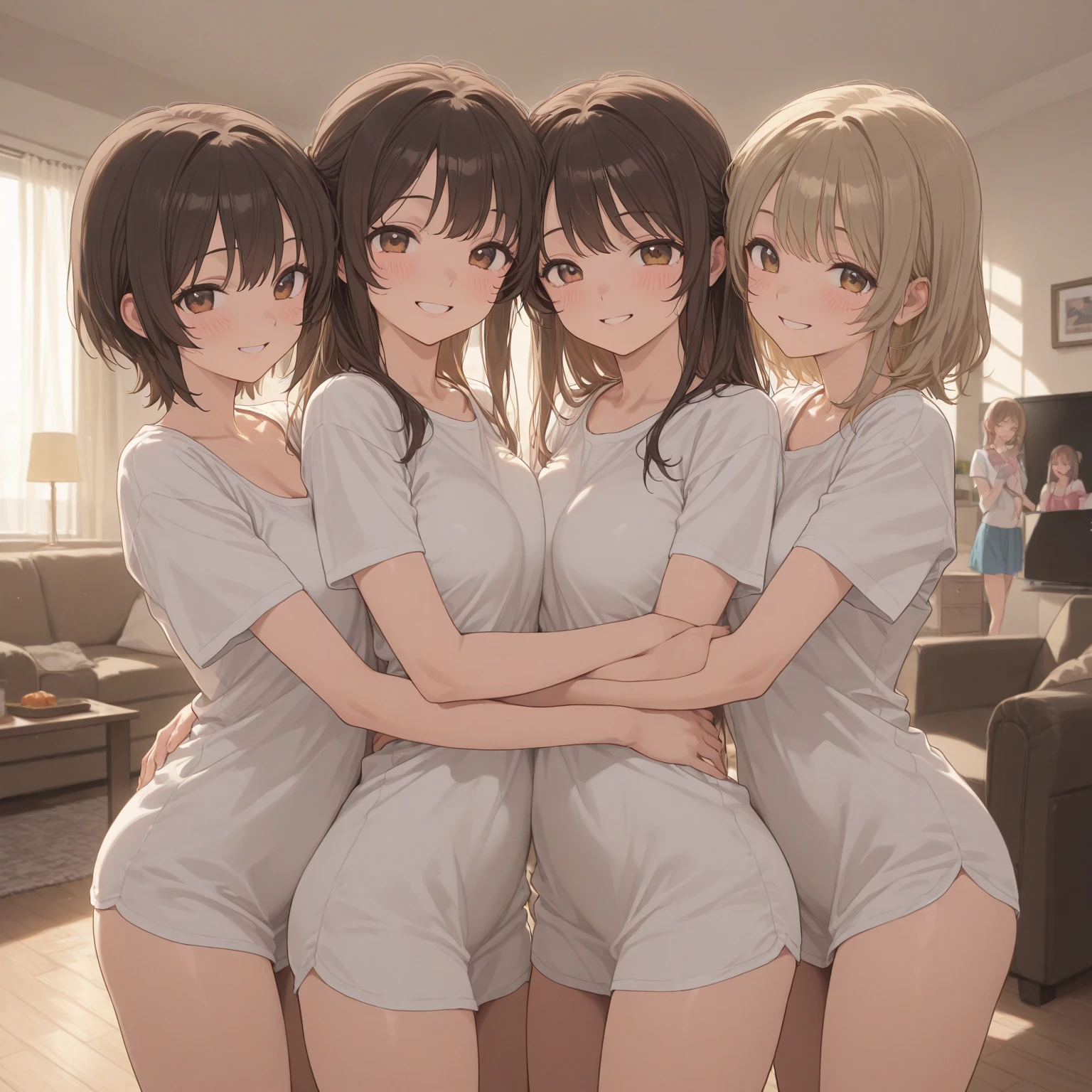 (Photoreal:1.4)、(Award-winning photo、incredible masterpiece:1.3) 、(perfect body shape)、slender body shape,on the white bed, japanese girl, I&#39;m 11 years old, 14 years old, 17 years old, baby face, (line up in a row), (open your mouth and smile),(white teeth:1.2),((topless)), (small breasts),(bright lighting), (close), (light smile), Happy, (3 girls are sticking out their 大きなbutt boldly:1.5), (大きなbutt:2.0), their buttes naked, with long hair, anus, butt, brown hair, multiple girls, wet pussy, skirt, long hair, short hair, No panties, think back, from behind, choose what you like, blush, looking at the viewer,addition_detailed:1, addition_detailed:0, addition_detailed:0.5