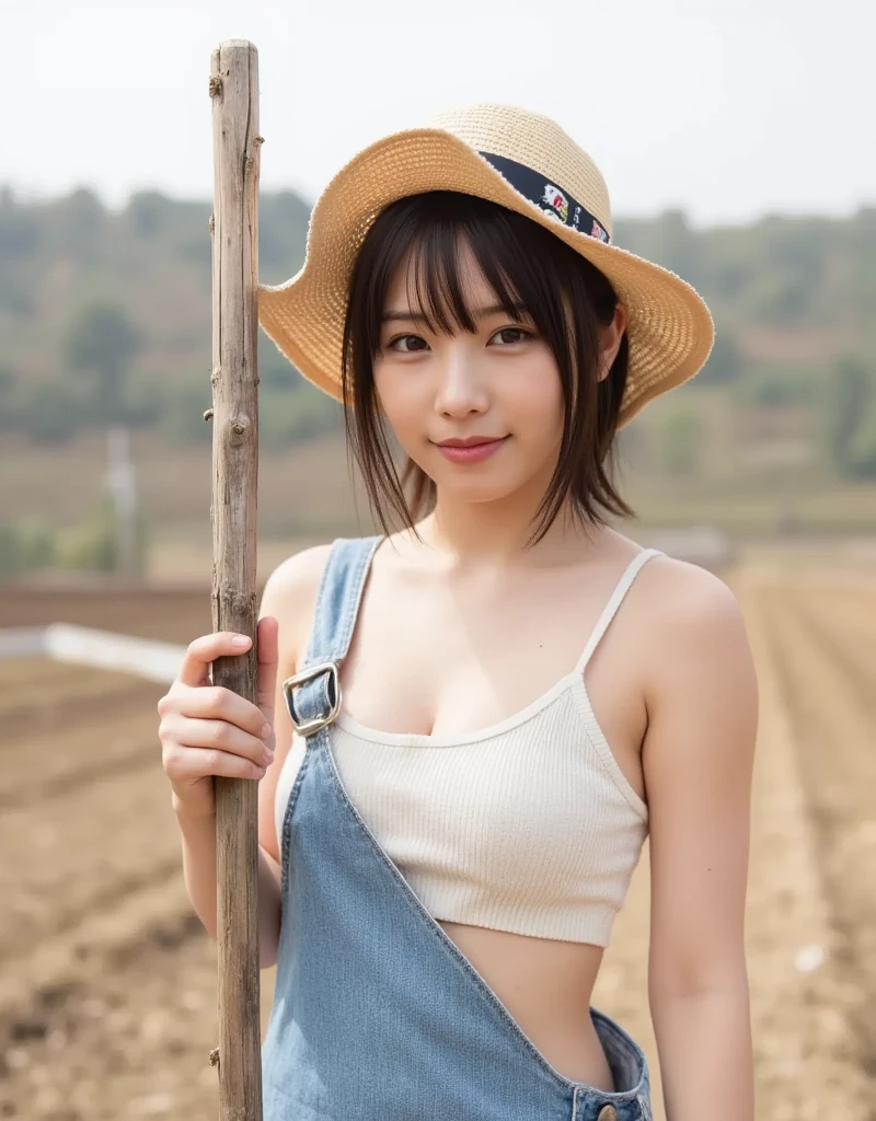 masterpiece, highest quality, Very detailed, sexy, On the Farm,Wearing a large straw hat、Naked and in overalls、long Hair, (Huge breasts),Crouching down to harvest vegetables from the field、faint smile