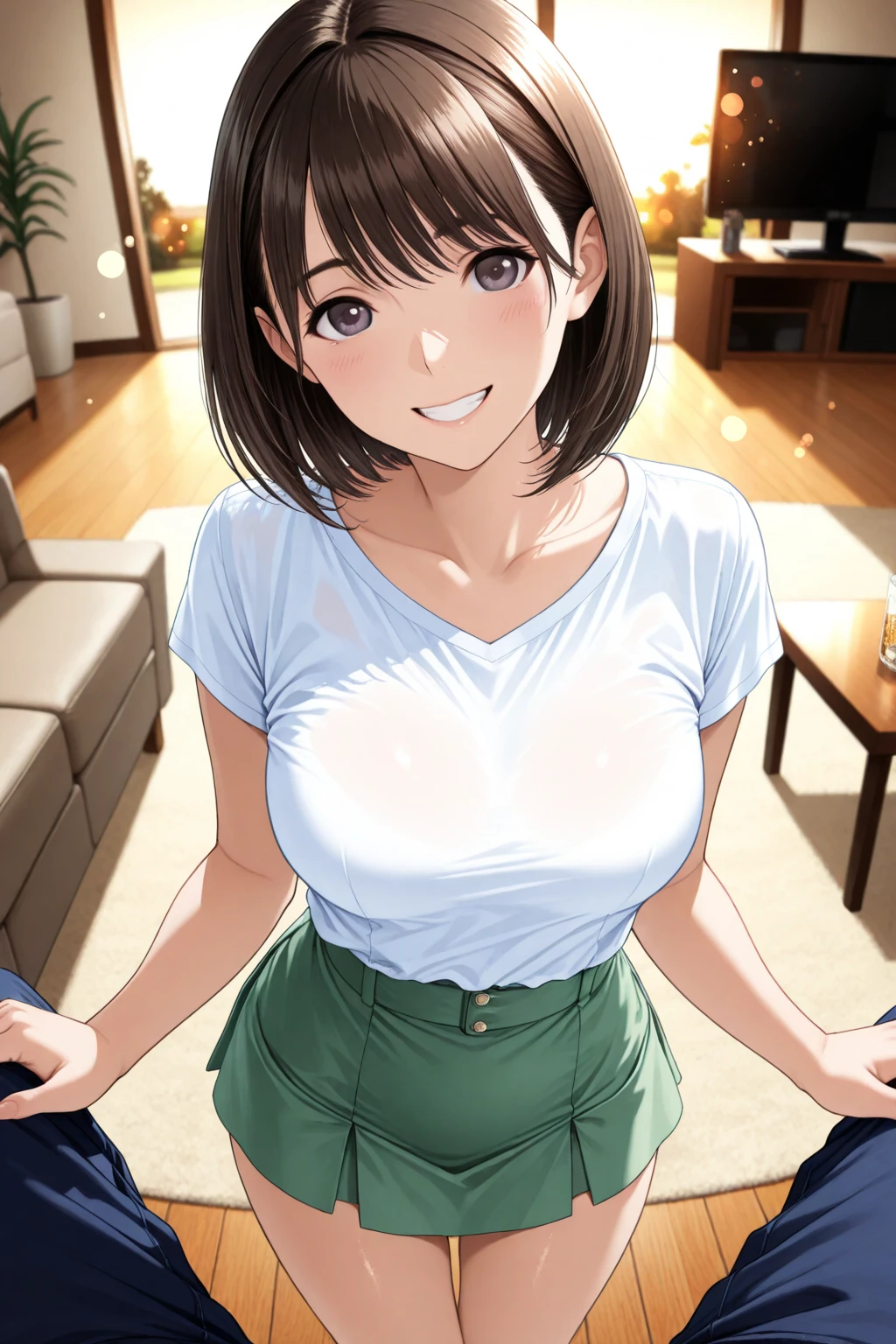 score_9, score_8_up, score_7_up, source_anime, anime screencap, 1girl, brown hair, medium hair, big breasts, skirt, standing, smile, cowboy shot, looking at viewer, outdoor, Selfie, shirts, from above, cleavage