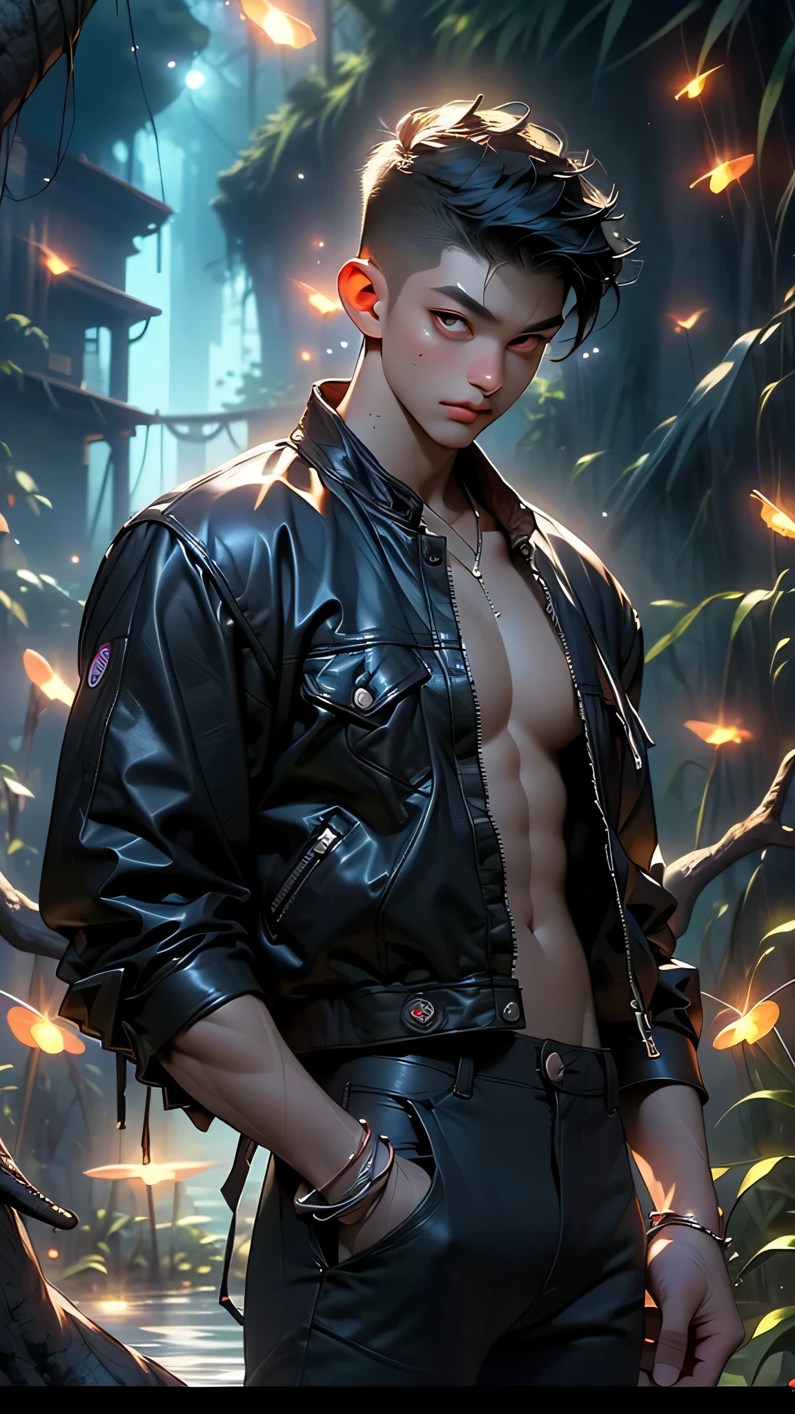 (best quality, masterpiece, highres:1.2), beautiful:1.5, black suit, black short hair:1.5, under the moonlight in a deep forest, no one around, looking at the viewer,symmetrical eyes, at night, holding a sword in his hand, shirtless , fully naked, wearing thong, with necklace,.