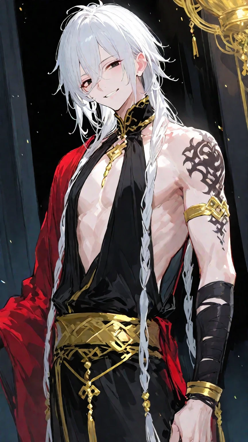 (masterpiece, 8k, high quality, best quality:1.6), 1boy, solo, long hair, white hair, asymmetrical fringe, blue eyes, handsome, sharp eyes, (mature male, mature:1.2), male focus, fashionable,no shirt, necklace, indoors, castle, dark red wallpaper, close up, smile, long eyelashes, soft shadows, perfect anatomy, full nudity, topless, hot, perfect body, full body, book reading,
