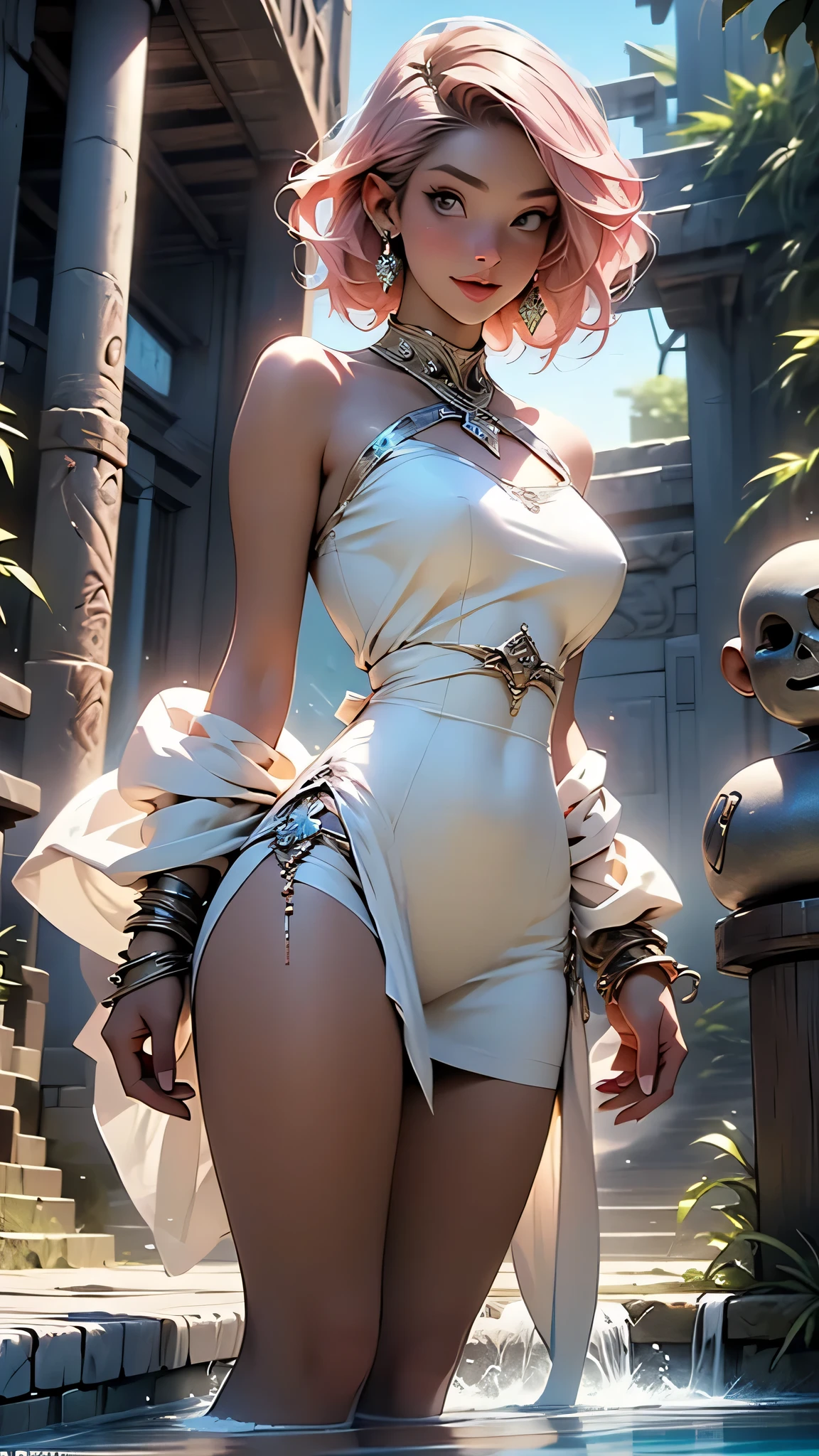 glow，masterpiece, best quality,  Elf, blond，high ponytail, oil painting portrait style，，Oversized，white stockings，without wearing shoes，high cut swimsuit