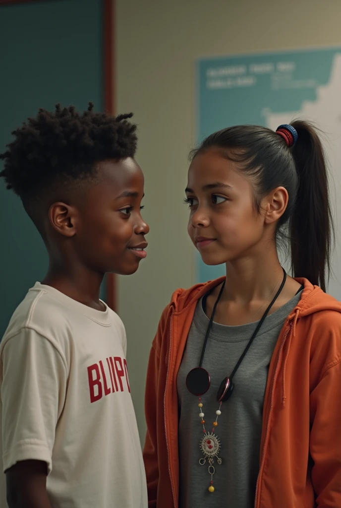 isvana is an 11 year old white girl with light hair and brown eyes, wearing a denim jacket and a white blouse, she looks like the singer Jon Bom Jovi, she is with her friend Leide, a 15 year old girl with dark skin, they know her lineker friend