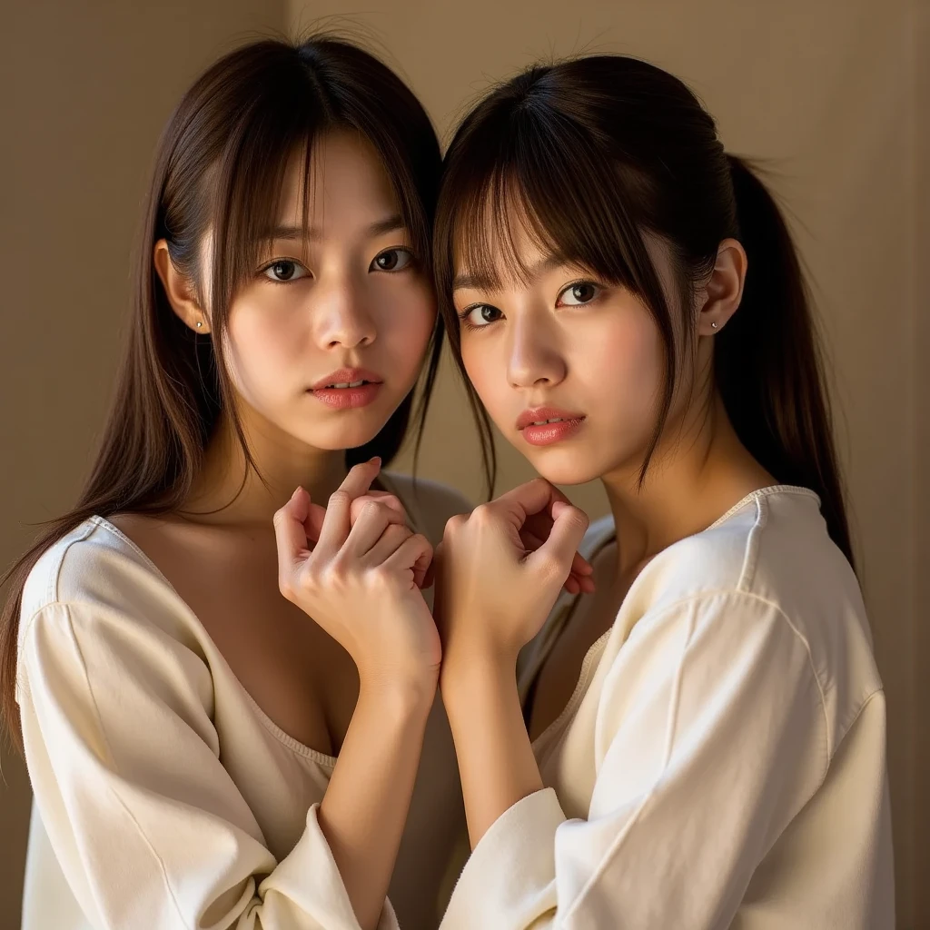 NSFW,8K Raw photograph,超高分辨率,filmgrain,cinematic ligh,looking at viewert,Natural skin texture,Realistic Eyes and Face Details,((Realistic:1.5)),Ulzzang-6500:1.4,((Best quality)), ((Masterpiece)),((Detailed)),2girls,duo,{2 beautiful women}, hugs