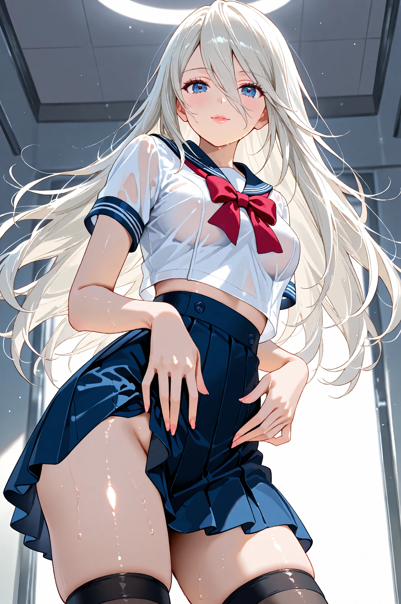 masterpiece,best quality,highres,illustration,hyper detailed,8k cg wallpaper,ray tracing,((white hair:1.2)),((long hair:1.2)),((red eyes:1.2)),((straight hair:1.2)),medium breasts,(hiten1:0.8),<lora:add_detail:1>,((pearl thong:1.2)),<lora:Pearl thong-000012:1>,sailor collar,white shirt,short sleeves,pleated skirt,((skirt lift:1.2)),