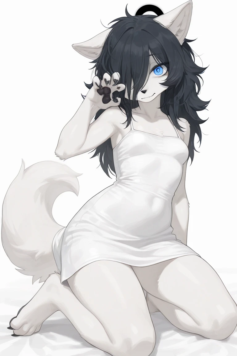 Solo, score_9,score_8_up,score_7_up, kemono style, a young nerdy Anthro furry wolf woman, wolf snout, white furry body, tall skinny body, long black messy hair, black hair, hair in a pony tail, hair covering one eye, white wolf tail, blue eyes, white wolf ears, white wolf tail, small breasts, naked, feet paws, 4 toes, black toe claws, plantigrade, pouting, side view, squatting