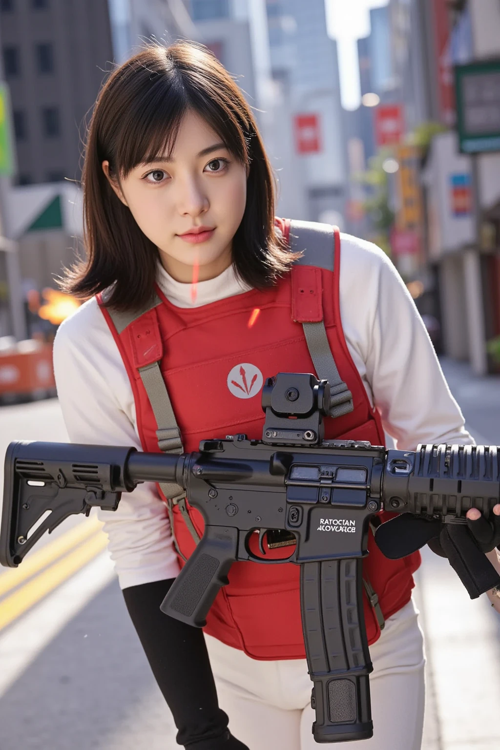arafed girl holding a toy gun in a toy store, holding a blaster, holding a laser gun, holding a futuristic gun, holding sci-fi rifle, next to it is a toy ray gun, holding a ray gun, carrying a laser gun, laser guns, holding a ray-gun, e - girl, e-girl, nerf or nothing