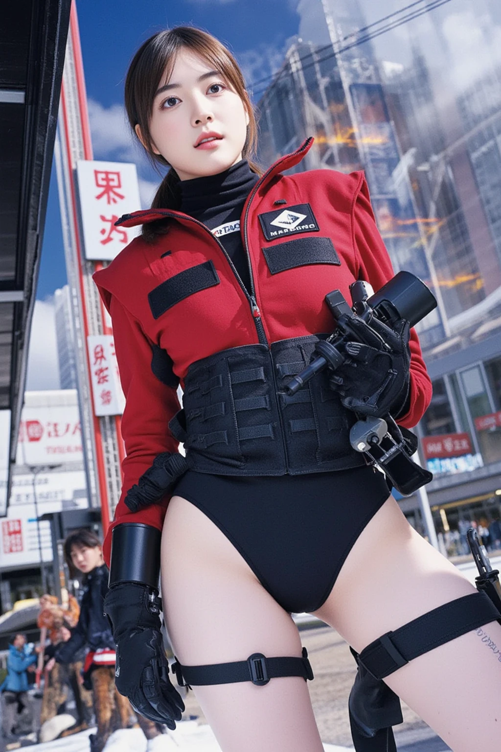 (NSFW), (8K, Highest quality, masterpiece:1.2), Super detailed, masterpiece, Realistic lighting, masterpiece, Highest quality, masterpiece, Official Art, "詳細な CG ユニティ 8K 壁紙", Beautiful attention to detail, Light softly illuminating the face, Focus on one girl, depicted as Asuka, Upper body highlighted, wearing a pilot suit or plugsuit, distinguished by its red jacket or windbreaker, gloves, bandages adding a subtle touch of character, hair ornament adding a unique charm, and braces completing the look.