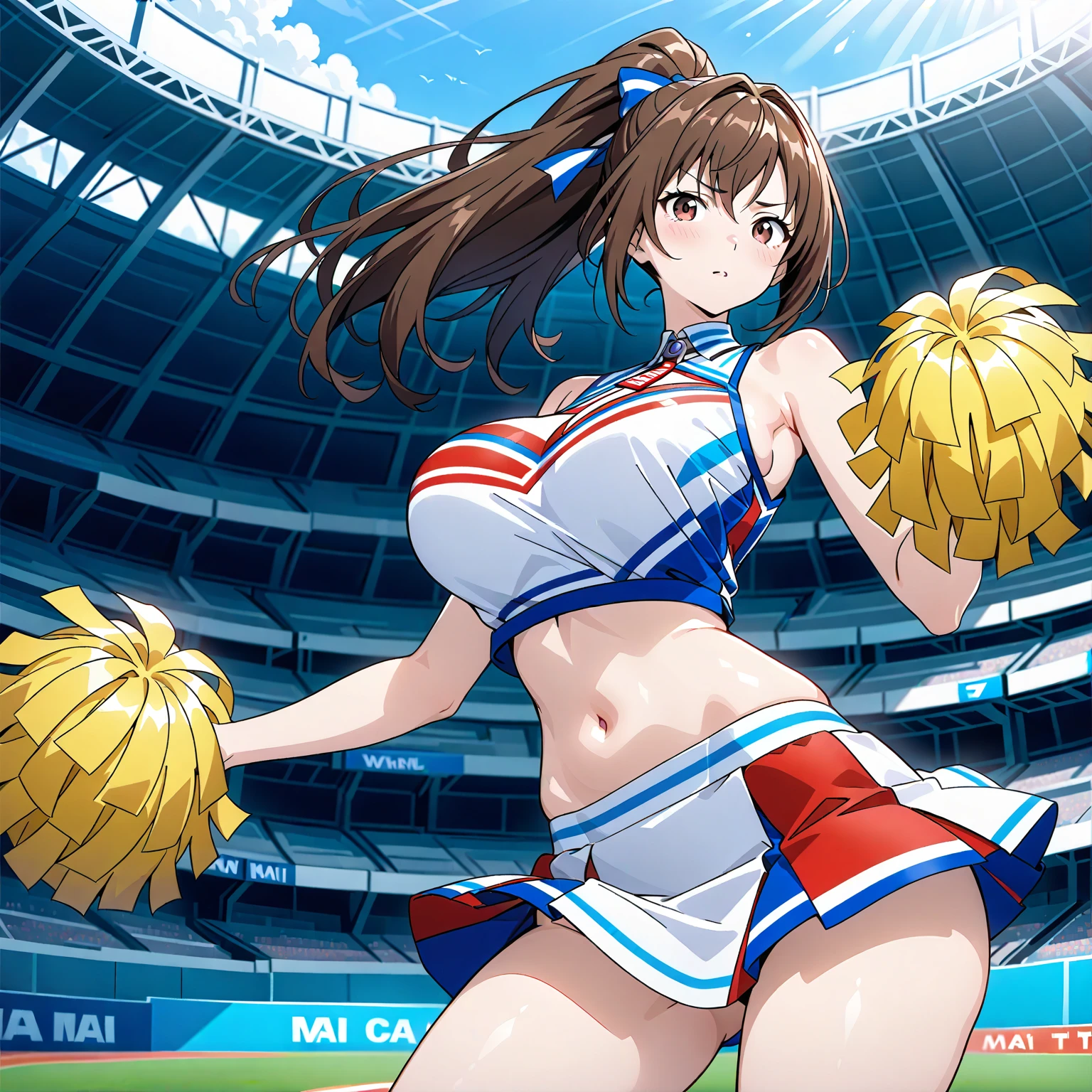 (8K、RAW photo、highest quality)、detailed background、beautiful and detailed face、beautiful and smooth skin、skin texture、professional lighting、Beautiful teenage girl、Cheerleader、stadium、I'm rooting for you、mini skirt、ponytail、big breasts、
sexy costume、Sexy Uniforms、sexy costume、healthy、
smile、laughter、sexual expression、smile、healthyなふとももを強調する、healthyで美しい、show your whole body、panty shot、panty shot、open your legs、raise your legs、Show 1'~ side