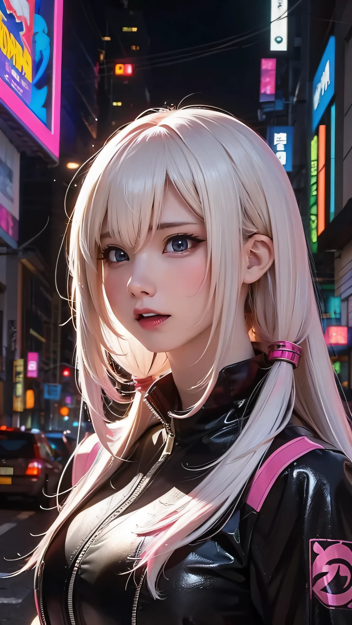 8k, best quality, masterpiece:1.2, realistic, photo-realistic:1.37, ultra-detailed,
upper body,
rainy night in a cyberpunk city with glowing neon lights,
1girl,nvhai001,white hair,beautiful detailed eyes,
mecha musume,Mecha clothing,Mecha corset,