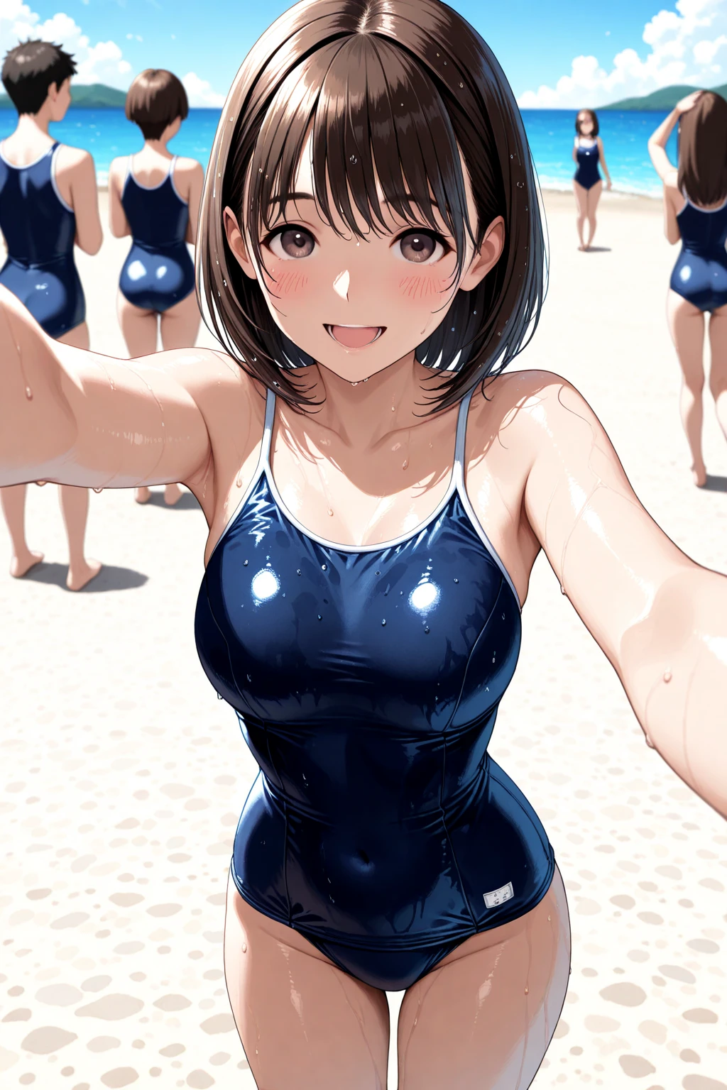 (masutepiece:1.2), (Best Quality:1.2), hyper detailed illustration，beautiful artwork，(extremery detailed CG) ，(Unity)， (8K Wallpaper)、(top-quality)、(exquisite lighting and shadow)、(highly dramatic picture)、(cinematic lens effects)、 Waves in blue swimsuits, 1girl in, Swimsuit, Solo, (A big smile), Outdoors, Water, Open mouth, onepiece swimsuit, (Navy blue school swimsuit), skyporn, playing in the water, Looking at Viewer, (Brown eyes), Blue sky, day, Covered navel，Young teenager girl on the beach， 1girl in, (School swim wear:1.3), Solo, onepiece swimsuit, (Long hair), Wet, breasts, Covered navel, Water, Black hair, (Big smile), Brown eyes, day, Small breasts, Bangs, Sunlight, Blue one-piece swimsuit，(Wet:1.2)，(Water splash:1.1)，(Open mouth:1.1)，(straggling hair:1.2)， Dramatic Horizon，(sunlight shining)，(The swimsuit is wet:1.2)，(Strong sunshine:1.1)，(Lens Flare:1.2)，(Sweat:1.3)，(light Particle:1.2)，(light glow:1.2)，(A big smile)，(On the beach)，(Brown eyes:1.1)，(Leaning forward)
