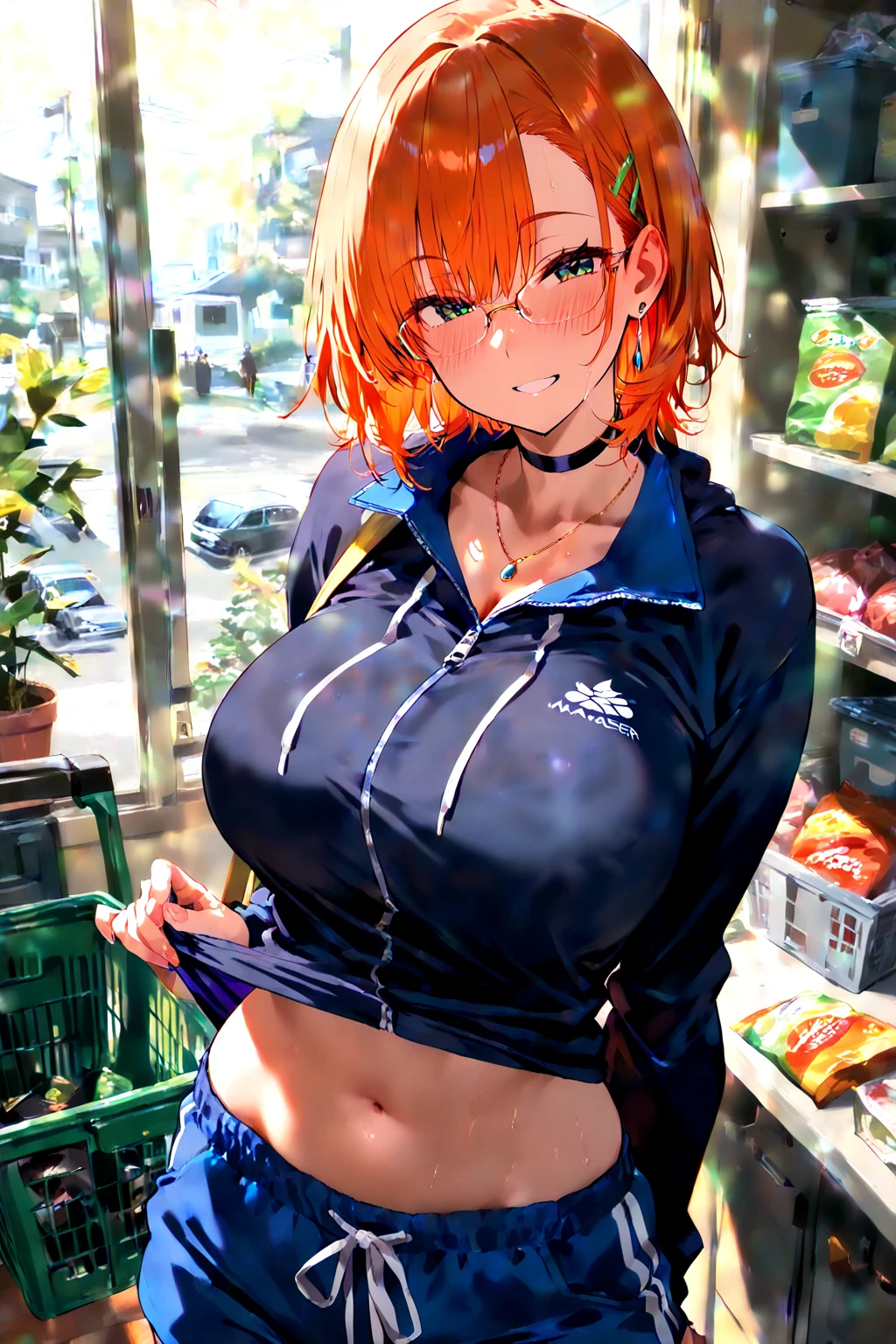 Solo, 1Female, (Short Fluffy Messy Hair, Bobcut with Long Sideburns, Red/Orange Hair Colour), Blue Eyes, Cute Face, ((Freckles on Cheeks)), Average Breasts, Wide Hips, Thick Thighs, Curvy Figure, Reddish-Orange Hoodie, Tight Blue Jeans, ((Thin Cute Glasses)), Timid Expression, Soft Blush, Timid Pose, ((Standing in Convenience Store)), (Masterpiece, 4K Quality, Perfect Anatomy, Perfect Hands)
