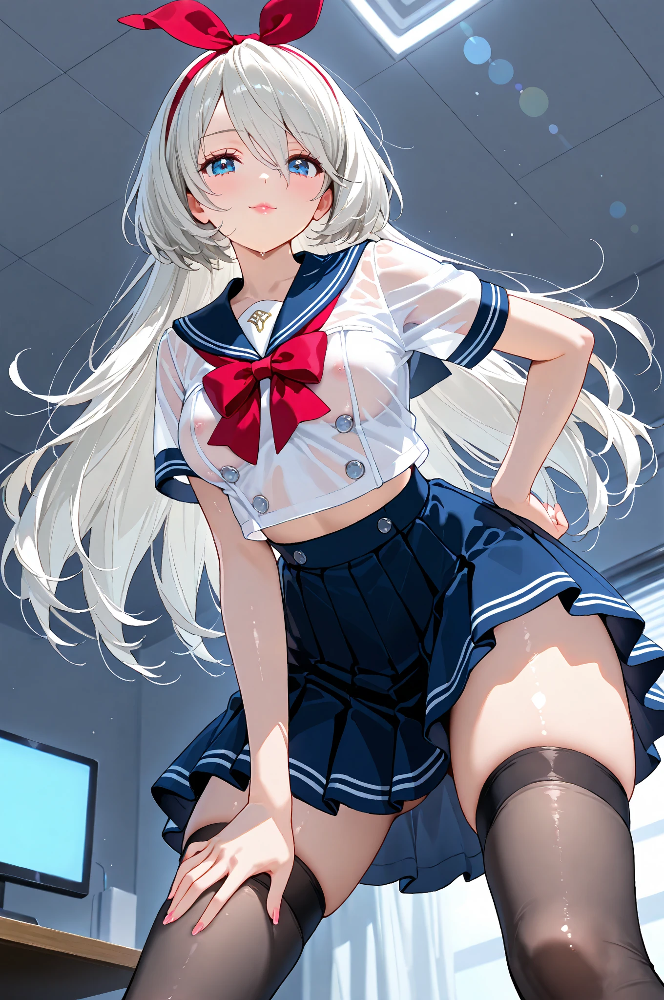cute girly,White sailor suit,high ponytails,Silver eyes and hair,Medium-sized breasts,Smiling, White suspender stockings, Hair is being tied, A gentle breeze blows on the side of the street,Front view