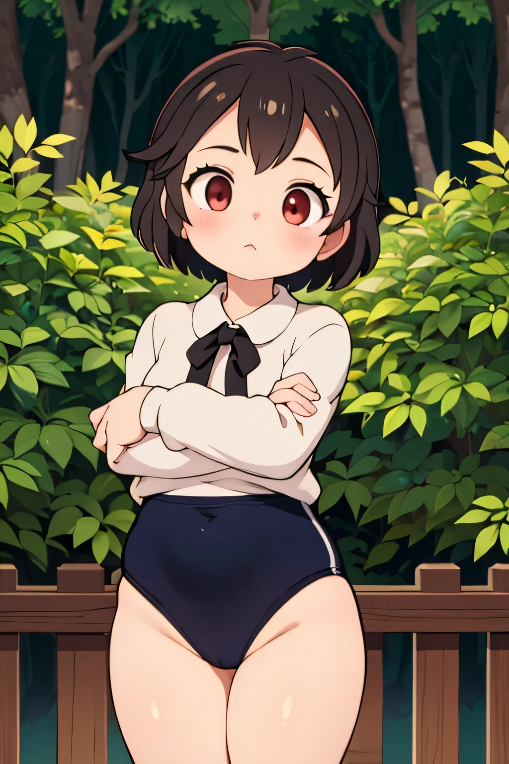 masterpiece, best quality, high quality, beautiful anime character, solo, anime girl with dark blue hair, messy hair, medium length hair, (huge long ponytail, ponytail), blue eyes, elf ears, slightly big breasts, mature female, tall female, big girl, thick, (shy, calming face, blush, light smile, loving eyes), outdoors, ((sailor uniform, ribbon, short pleated skirt)), showing rear, slim thick, short medium hair, short sleeves, round glasses, legs, navel, (from below view, from below, panties peeking, white panties)