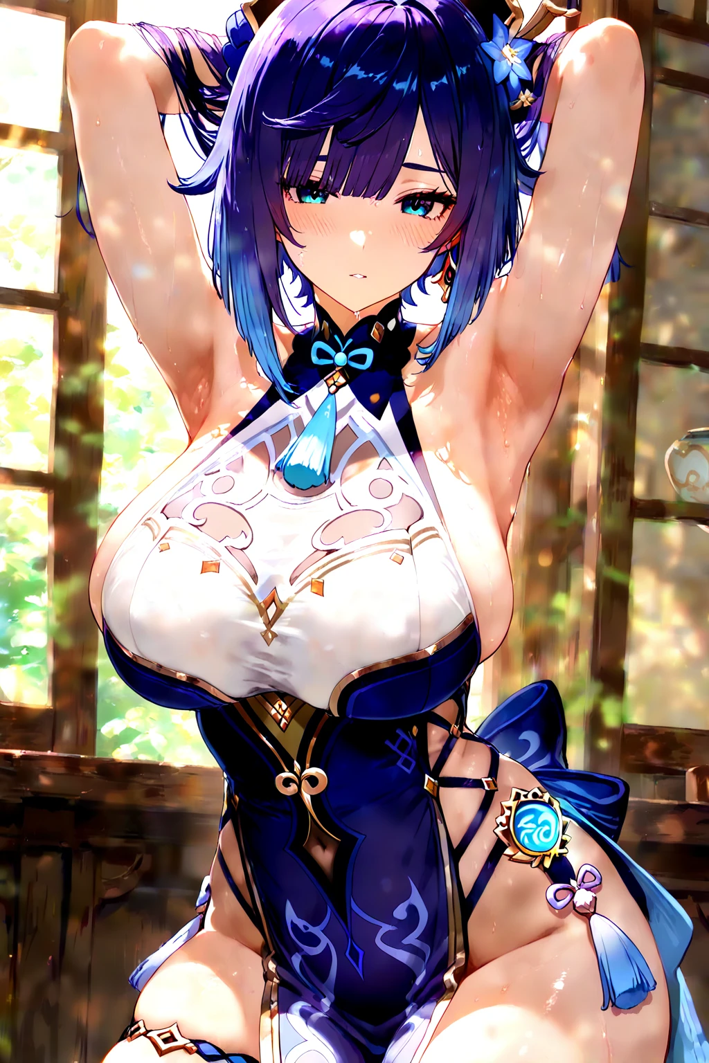 (masterpiece, best quality), best quality, best resolution, (ultra-detailed), (3heads:1.5), 1girl, (izayoi sakuya:1.3), masterpiece, (best quality:1.5, highres, UHD), highres, absurdo, ultra detail, ultra quality, Ultra resolution, dark blue top, crop top, ((stomach)), midriff, ((groin)), dark blue skirt, normal ears, shackles, grey hair, very long hair, wavy hair, sidelocks, blue eyes, parted lips, sweat, cute, toned belly, hand on own chest, eyelashes, (24 year old woman:1.3), (masterpiece:1.5), (best quality:1.5), (beautiful detailed), extremely detailed CG, extremely delicate and beautiful, depth of field, (finely detailed face), (perfect details:1.2), (mature female:1.3), wide pelvis, slender, large veiny breast, 16k resolution, high quality, high definition, extremely detailed, masterpiece, best quality, grey hair, long hair, alluring presence, braid, short skirt, close up, very big tits, huge tits, young, hair ribbon, maid headdress, side braid, (girl with three heads),