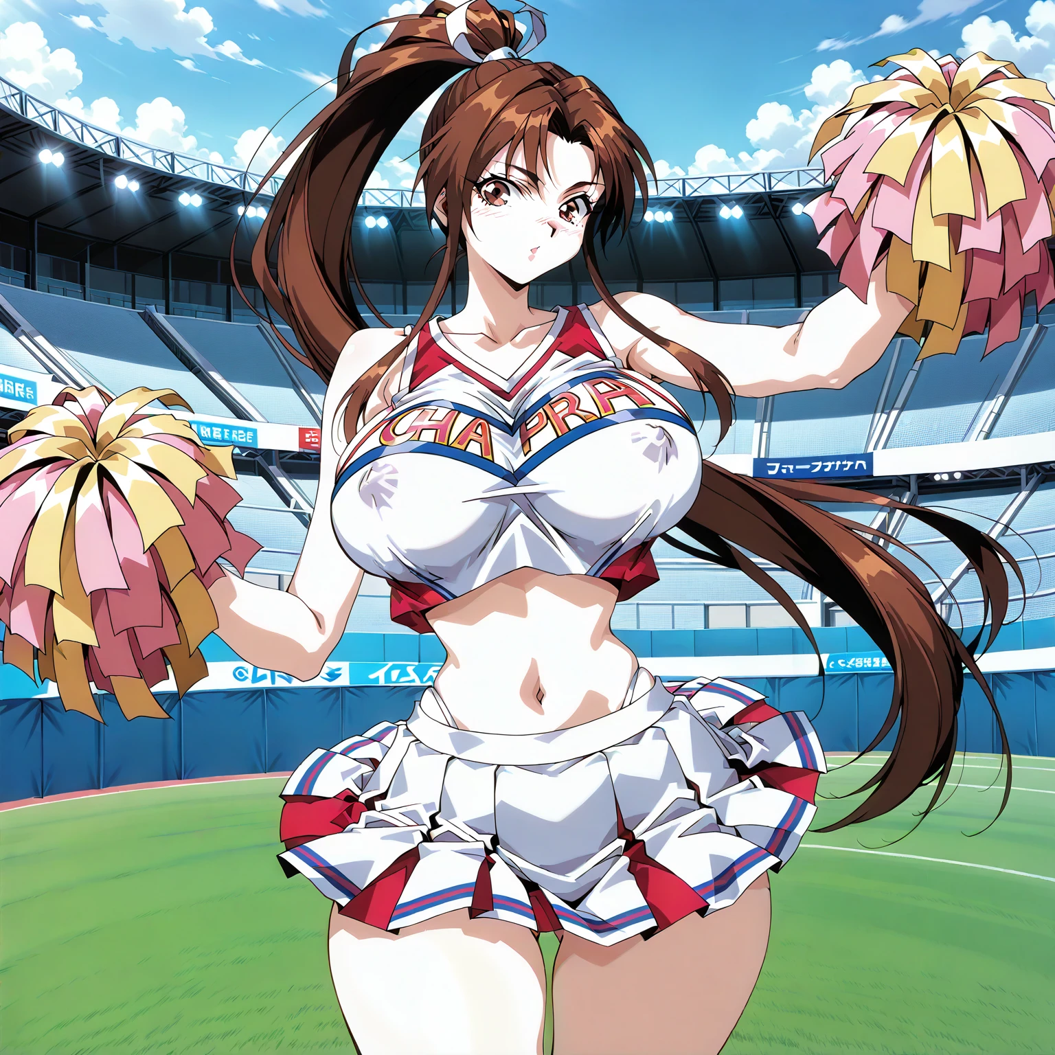 (cel anime:1.2), official art,extremely detailed CG unity 8k wallpaper, perfect lighting,Colorful, Bright_Front_face_Lighting, (masterpiece:1.0),(best_quality:1.0), ultra high res,4K,ultra-detailed, photography, 8K, HDR, highres, absurdres:1.2, Kodak portra 400, film grain, blurry background, bokeh:1.2, lens flare, (vibrant_color:1.2),(from very below,ceiling:1.2),perfect anatomy,upskirt:1.3,brown hair,long hair,ponytail,yumi sayaka, (cute cheerleader uniform,micro miniskirt:1.3) (knee boots:1.1), choker, white gloves, choker, elbow gloves, jewelry, earrings, cowboy shot, indoors, (shiny skin), medium breasts,(frown,shame, embarrassed,furrowed brow,opened eyes tightly,crying,closed mouth,clench teeth,full-face blush,:1.3) ,arms up,shibari,(shibari over clothes:1.4),bdsm,(bound wrists together:1.1),panties,cameltoe, erotic,(leg up,stand split leg, i-balanced,toe up, show white-high-cut-panty from micro-miniskirt:1.4),arched back,panties focus,pectoral cleavage,gipple,standing,