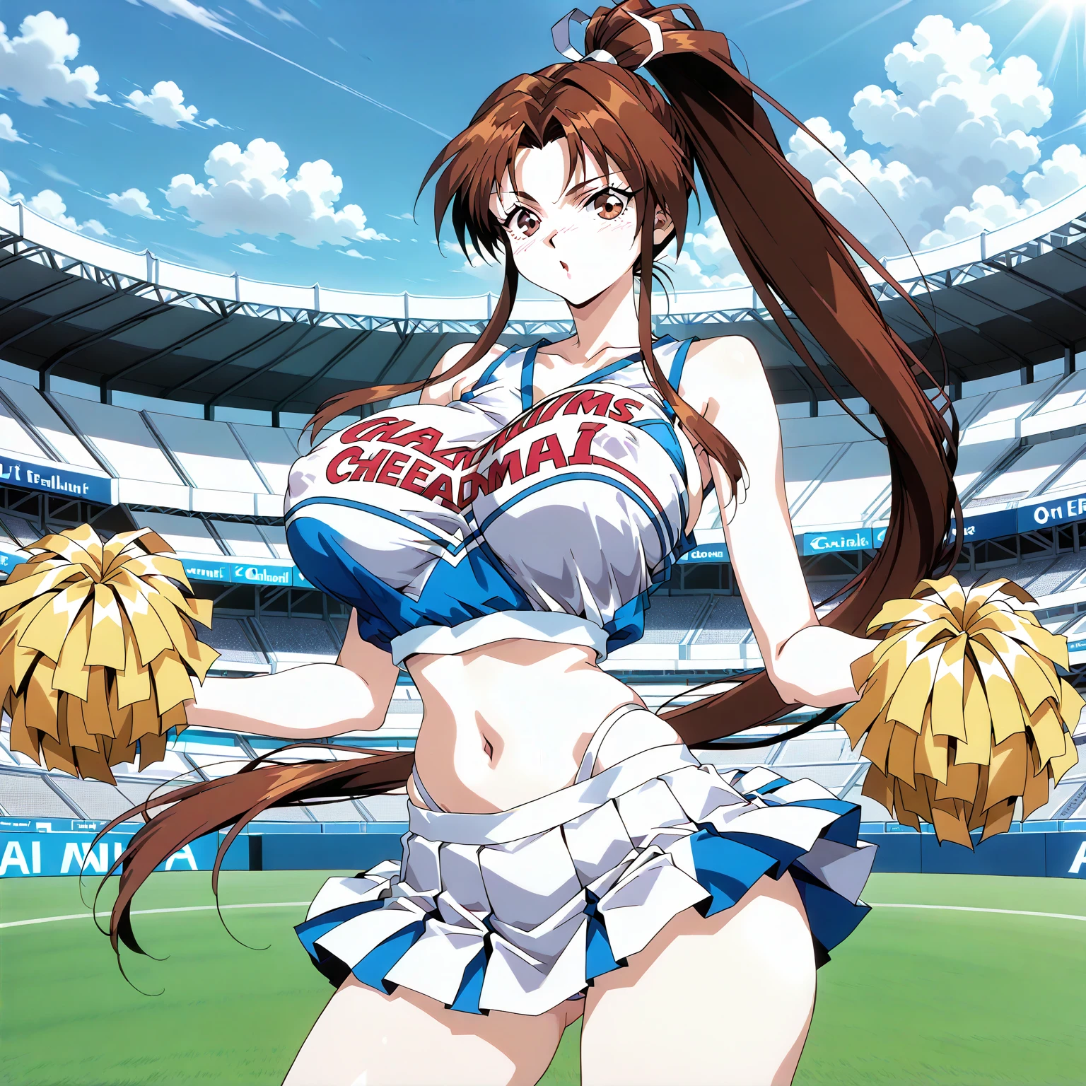 masterpiece, best quality, 1girl, looking at viewer, ultra detailed, <lora:add_detail:0.5>, stadium, <lora:nambell_FW:0.9> , purple eyes, cheerleader, pom pom \(cheerleading\), ass, cheerleader outfit, (pleated skirt:1.2),