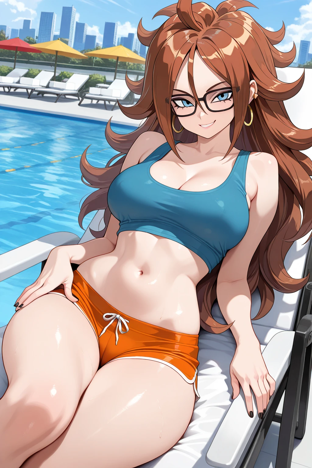 Cute sexy relaxed woman with thick long messy curly dark brown hair with glasses with tattoo blushing with bright earrings with thick thighs and big chest in sexy position in sexy black bikini in sauna at night laying down getting a massage