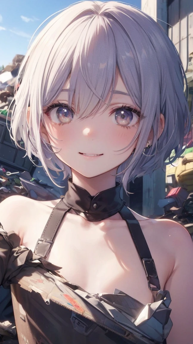 masterpiece, best quality, <lora:CharWestia768V1:0.7>, 1girl, charwestia, short hair, white hair, hair over one eye, yellow eyes, upper body, tiara, blue dress, sleeveless dress, street