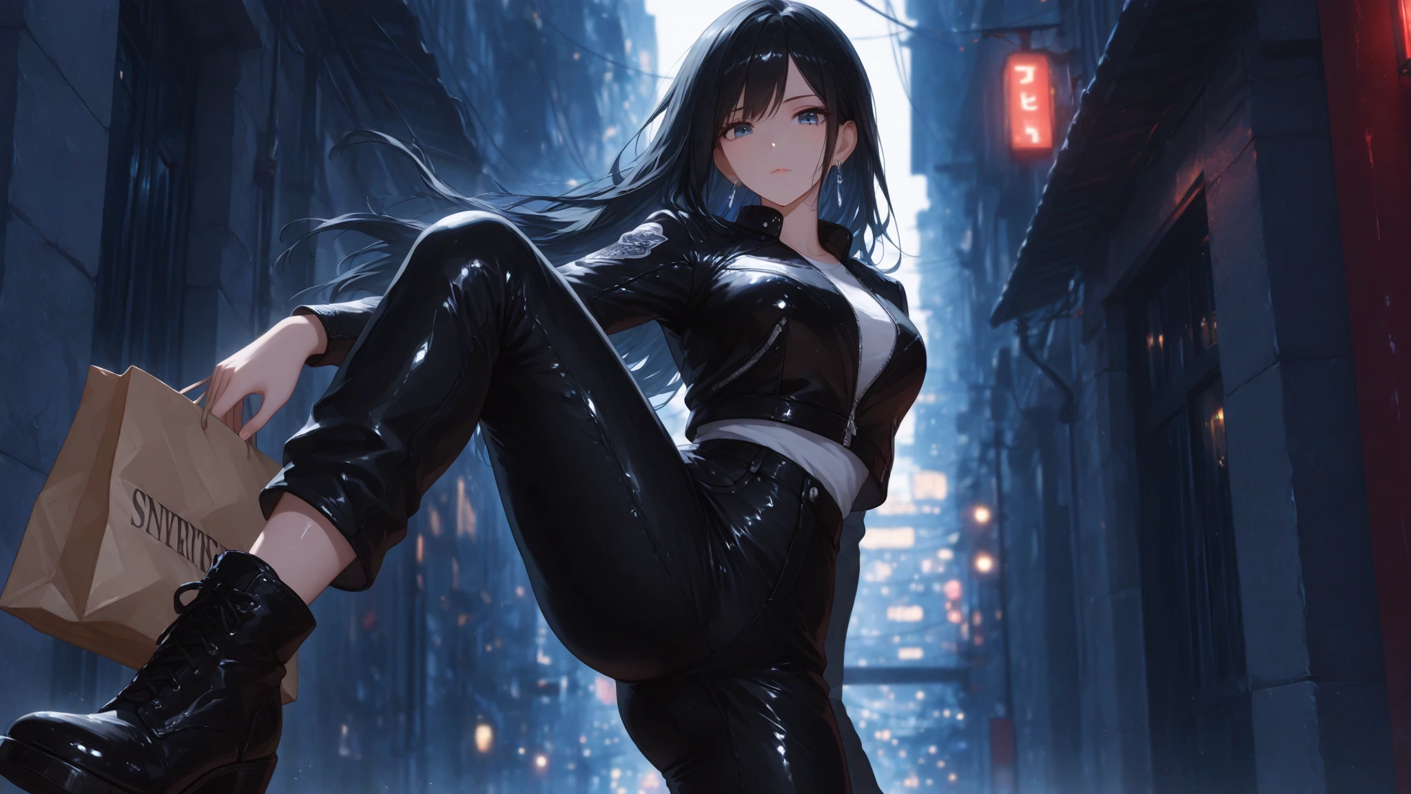 Akeno Himejima, 1girl, (((bimbo))), long black hair, purple eyes, ear rings, (((bimbo))), puffy lips, painted lips, thick lips, wide hips, thick thighs, huge round ass, enormous natural breasts, shiny oily breasts, she venom, skin tight venom suit, full venom body suit, black venom, symbiote, muscular, legs posing, skydiving, in the air, city, cyberpunk, full body, acrobatics,