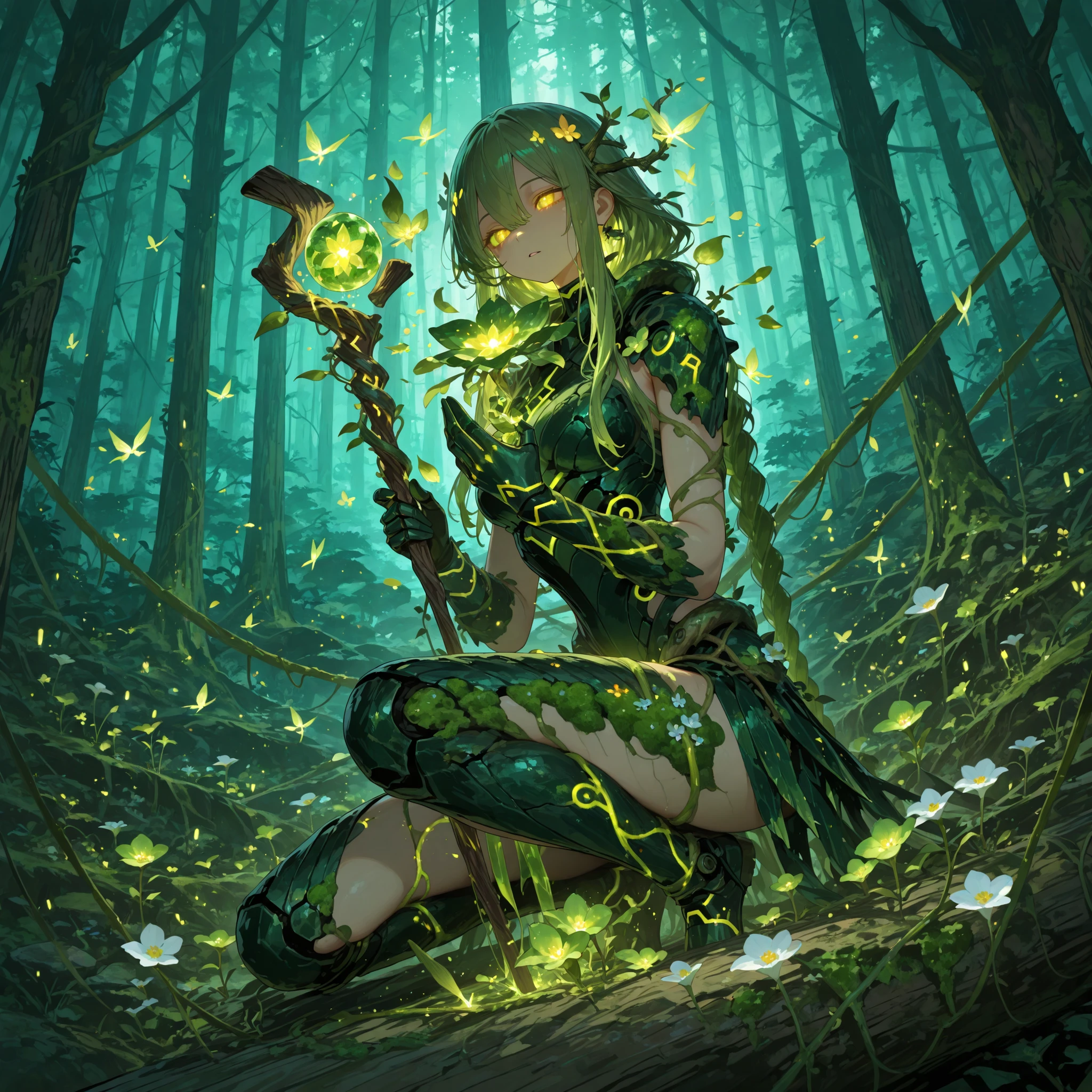 748cmstyle,1woman, Verdant Sentinel, ((Long braided moss-green hair with blooming flowers)), Amber glowing eyes, Wearing natural armor of bark, vines, and crystals, Surrounded by floating leaves, glowing spores, and small forest spirits, Holding a gnarled wooden staff with a glowing emerald, Ancient forest background, Sunbeams through trees, Strong and grounded presence