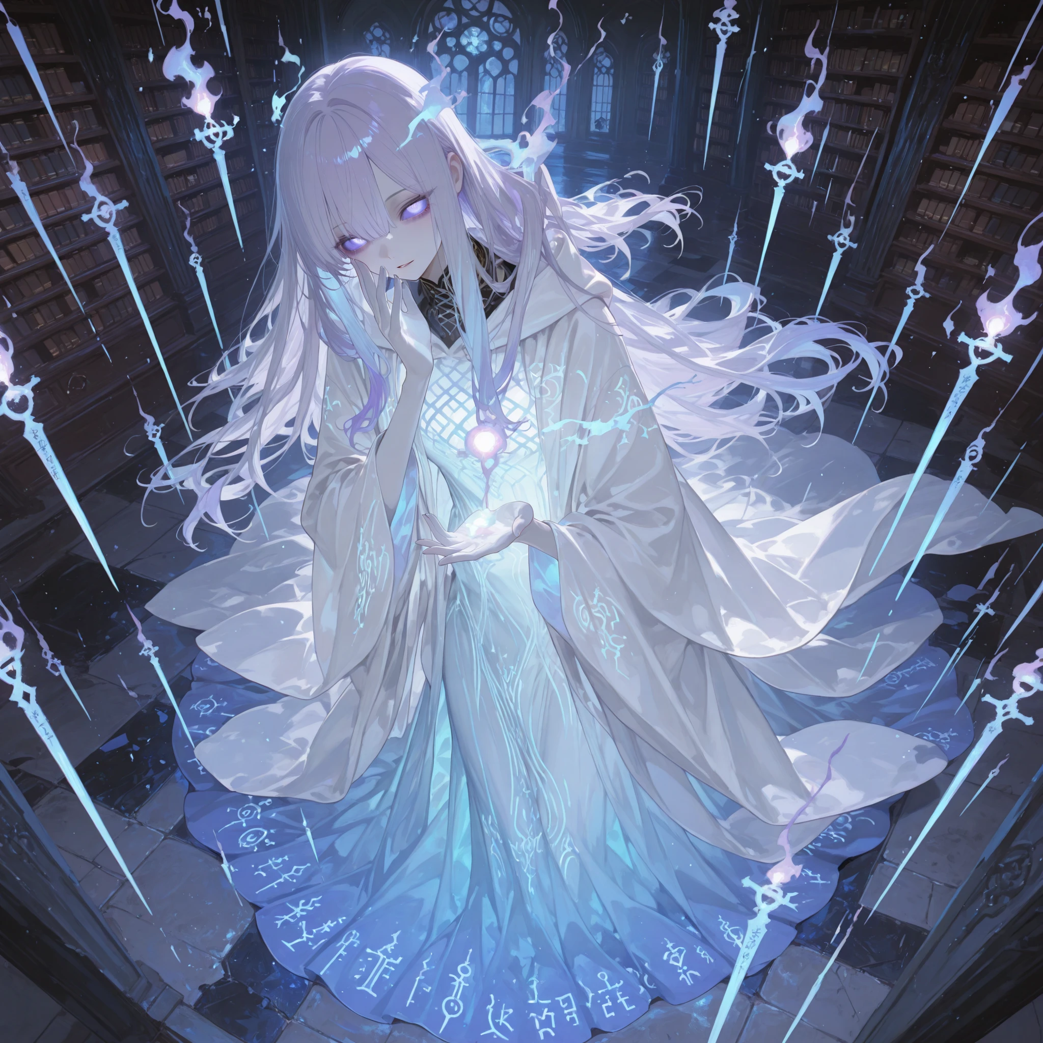 1woman, Whispering Archivist, ((Long semi-transparent pale violet hair drifting like mist)), Glowing hollow eyes, Ethereal ghostly robes with ancient script patterns, Floating above a forgotten library floor, Surrounded by glowing spectral scrolls and ink quills moving on their own, Old tomes and shattered shelves in the background, Arcane runes circling her hands, Pale blue ghostfire lighting, Silent and haunting atmosphere