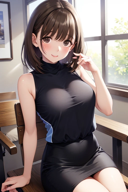 top-quality、Full limbs、complete fingers、one beautiful women、Slender woman、(Beautiful Large Breasts:1.2)、Medium Hair、straight haired、brown haired、((Navy blue school swimsuit、Brown pantyhose))、A big smile、Rooms on the upper floors of tower apartments、Luxurious living room、Glass room、Outside view、((Midnight))、crouching down、Naughty atmosphere、Sweating、Blushing