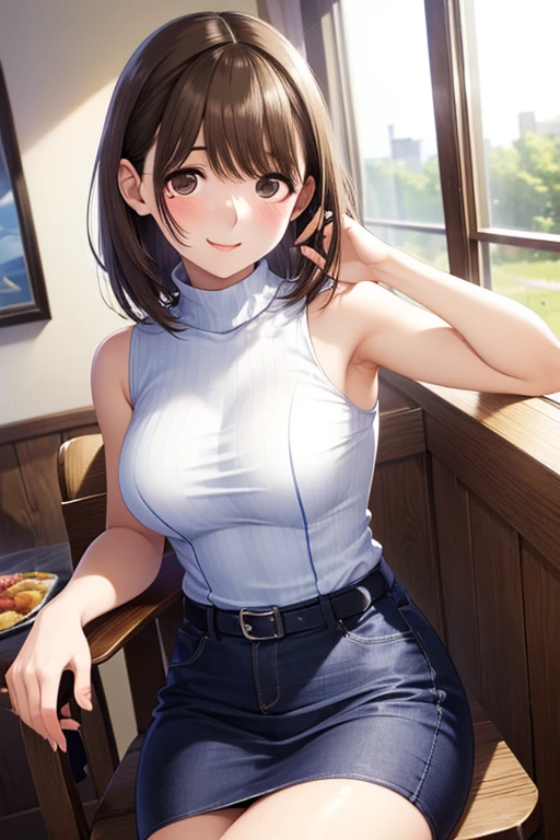 (masterpiece:1.3, top-quality, ultra high res, ultra detailed), (realistic, photorealistic:1.4), beautiful illustration, perfect lighting, natural lighting, colorful, depth of fields, surrealism,
beautiful detailed hair, beautiful detailed face, beautiful detailed eyes, beautiful clavicle, beautiful body, beautiful chest, beautiful thigh, beautiful legs, beautiful fingers, shiny skin,
looking at viewer, 1 girl, japanese, 17 years old, (perfect anatomy, anatomically correct, super detailed skin), cute and symmetrical face, babyface, perfect face, perfect eyes, slender,
(long hair:1.8, straight hair, black hair), bangs, violet eyes, drooping eyes, long eye lasher, (medium breasts, seductive thighs),
sleeveless light blue turtleneck sweater, light blue high heels with straps, white middle skirt, belt, wrist chakra, necklace,
(beautiful scenery), evening, (café:1.5), standing, (lovely smile, parted lips),