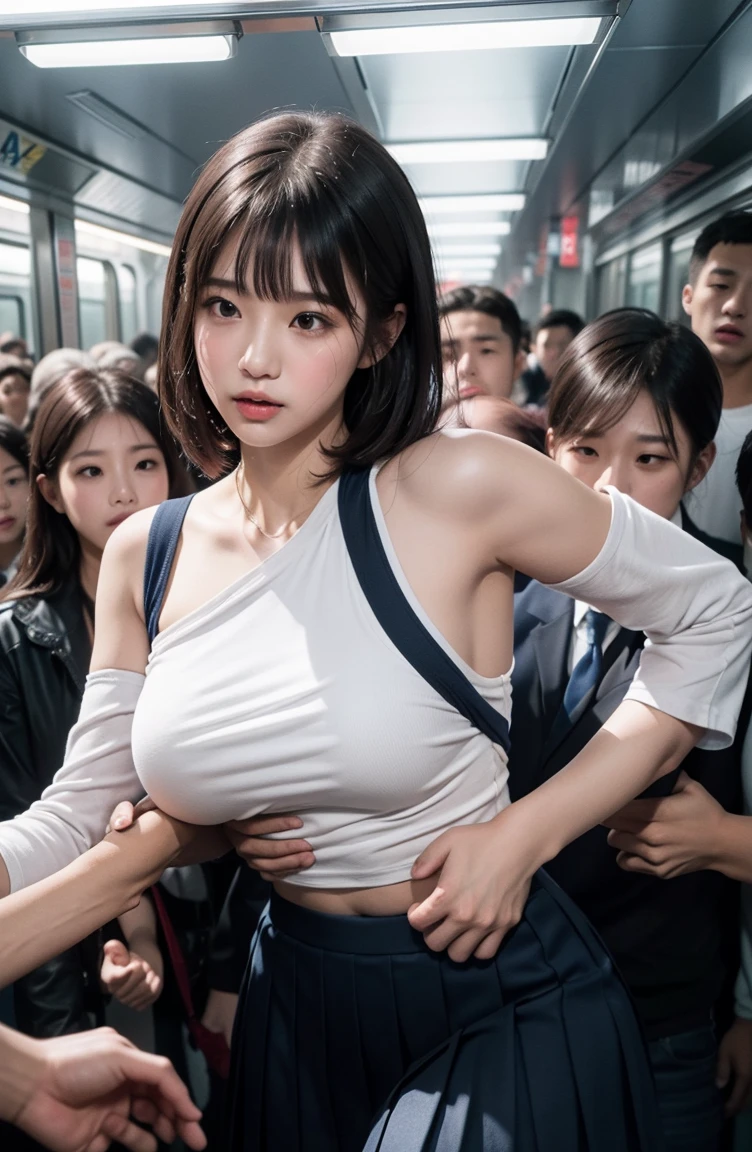 Pretty Face、big eye、(masterpiece)、ultra-detailliert、(top-quality:1.0)、( (NSFW))、(Beautie)、 Skirt、The woman is Greek、crying how bright、(ropes、noose、tie、bind both hands、Hands behind your back)、(Clothes torn:1.2、Tears:1.5)、Multiple Women、Man on the left、Man on the right、Princess in the middle、Inserted by the viewer、(Missionary position)、Man's fat ossan、(Clothes get wet)、Reluctant、shame、embarrassed from、Flush cheeks、In a crowded train、A man grabs his chest、licking out、Press your chest to the window、insertion、molesting、The beholder grabs、
