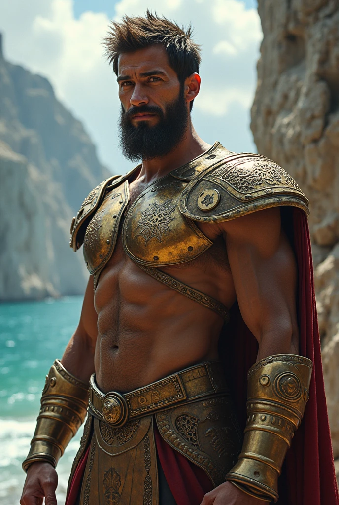 Several huge bodybuilders are wearing only a bikini in their naked body is adorned with gladiator-type accessories like Harness and Elmo, his face is similar to that of the actor François Sagat , They kiss romantically inside a luxurious palace, Arms at the side of the body in heroic pose, nenhuma mulher, corpo inteiro