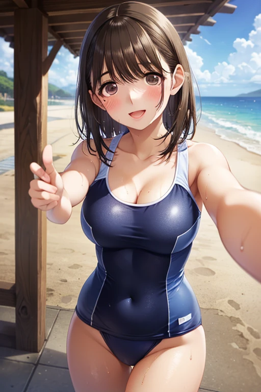 Selfie, photo with GoPro camera beautiful Hong Kong girl, with sexy swimsuit on the beach, humida, ssmile, sharpy face, soft lighting, Fish-eye lens, sun glare,