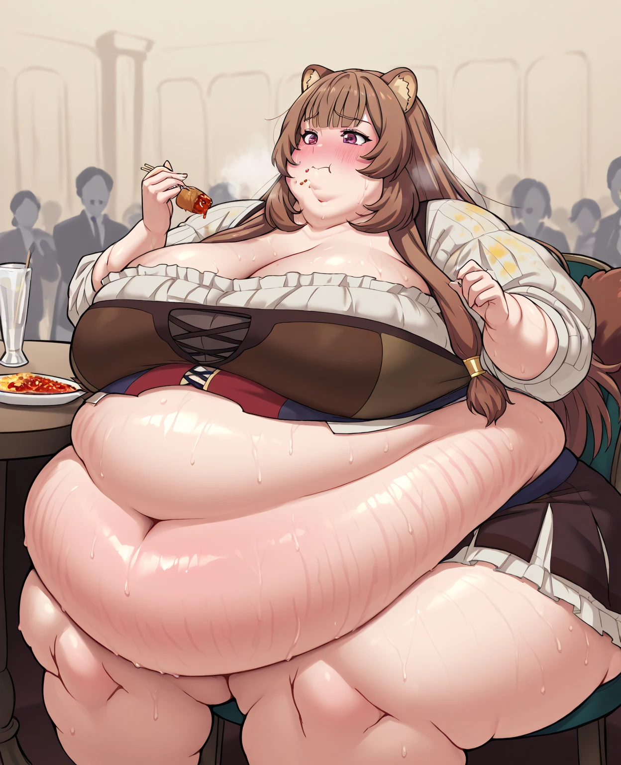 Raphtalia fat, force feed, obese, fat, fatter, round, rotund, food in the hands, grab belly, overeating, stuffed raccoon, burp, burping, red suit, massive fat, huge fat, glutton, gluttony, gluttonous, voracious, force feeding, fliying food, belt pop, belt unbuckle
