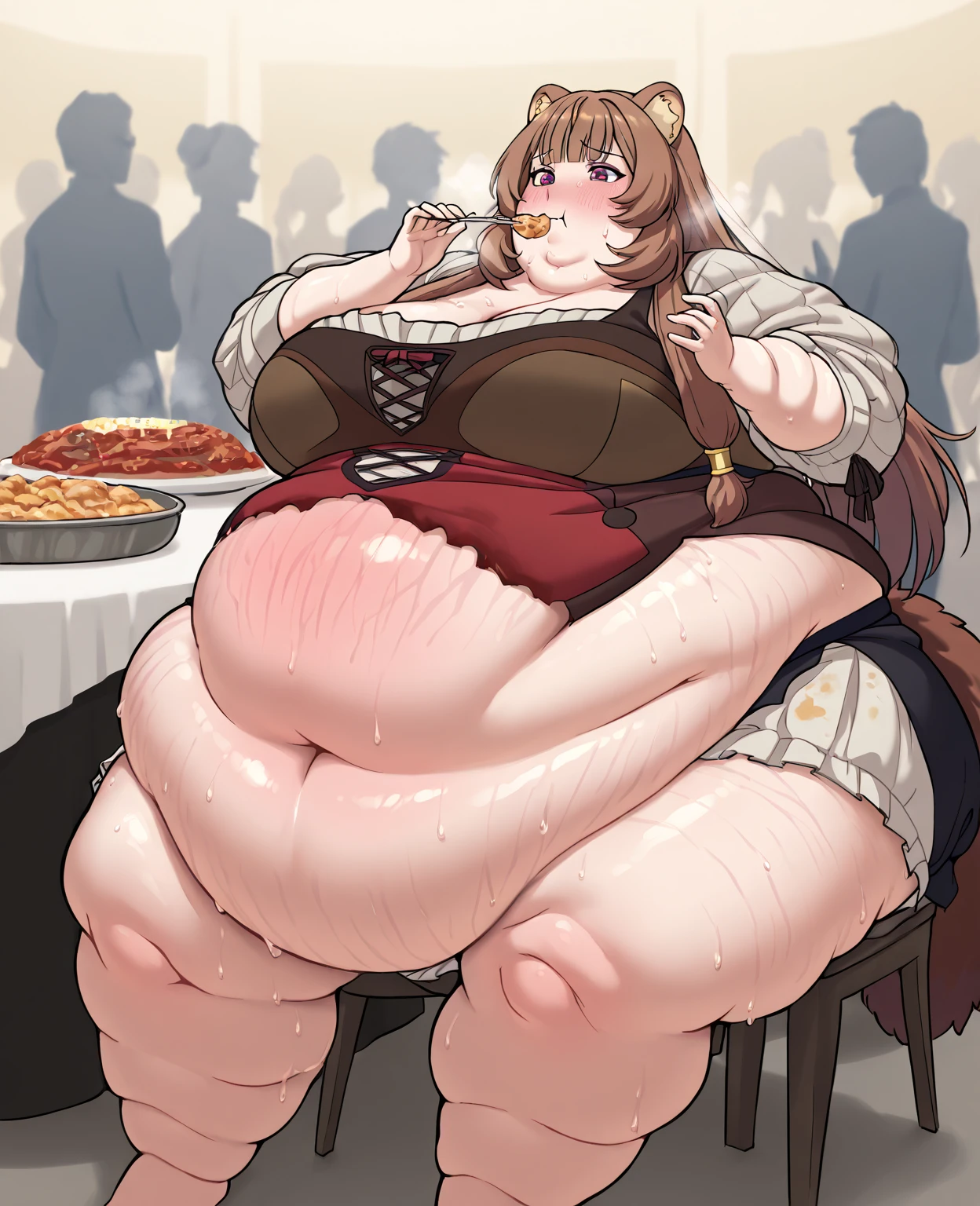 One Renaissance painting of a woman at an elaborate feast alone, dark shadows, alone, mideval background ，over eating, stuffed belly, (Renaissance oil painting:1.1), stuffed belly,  best quality, extremely high resolution, sharp focus, dynamic, (creativity:1.3)