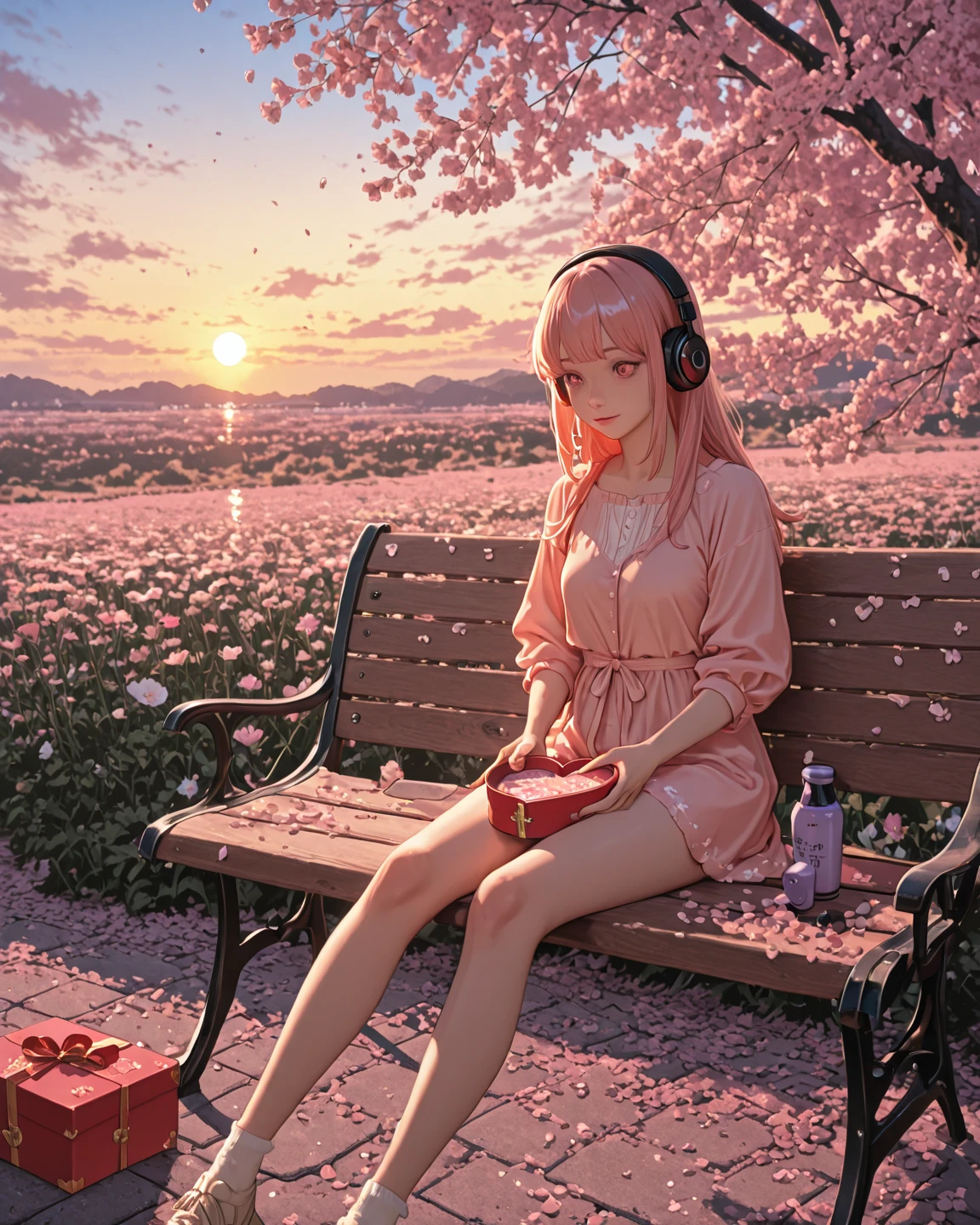 ((best quality)), ((masterpiece)), (detailed), perfect face, sitting under the cherry blossom tree, listening to music, One woman, wearing headphones, eyes closed, wearing underwear