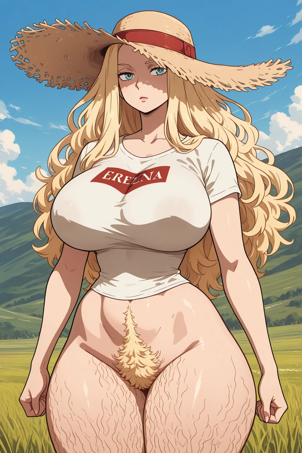 (((((1 dark skinned girl, muscular))))), ((thick thighs, very huge breasts, very long hair)、strong body), blonde curly hair, alone, dark,forest,waterside, shiny skin, foggy, anger, 全naked ,pier、bristles、Are standing、big body、naked,Large body、長くて濃いpubic hair、pubic hair,pregnancy,very big swollen belly,big belly like a ball