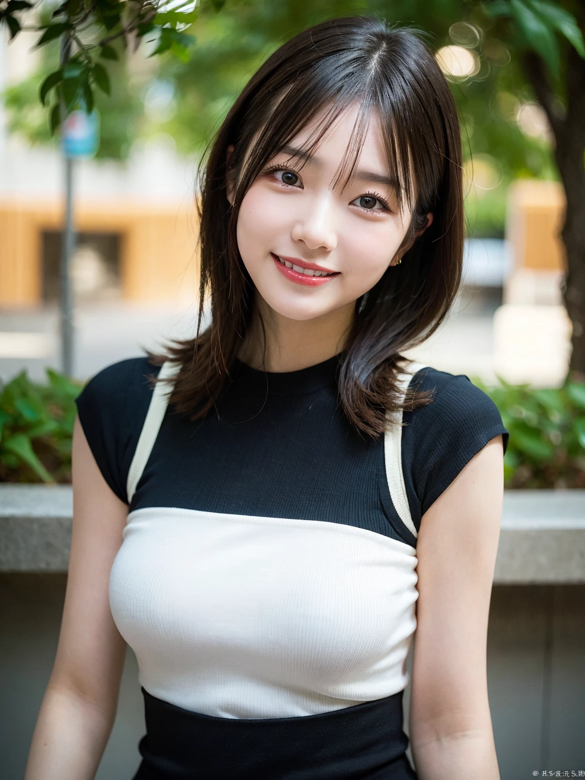 Highest quality, masterpiece, Ultra-high resolution, (Realistic:1.4), Beautiful woman, ((Big Breasts:1.3)), (((Short Bob))), (((Brown ash))), Beautiful Skin, Fine skin, 魅惑的なsmile, Background blur, smile, Hair over the ears, beautiful girl, Fair skin, Voluptuous, Plump body, Random color sleeveless turtleneck knit,(Tight clothing、Accentuates body lines:1.5) 