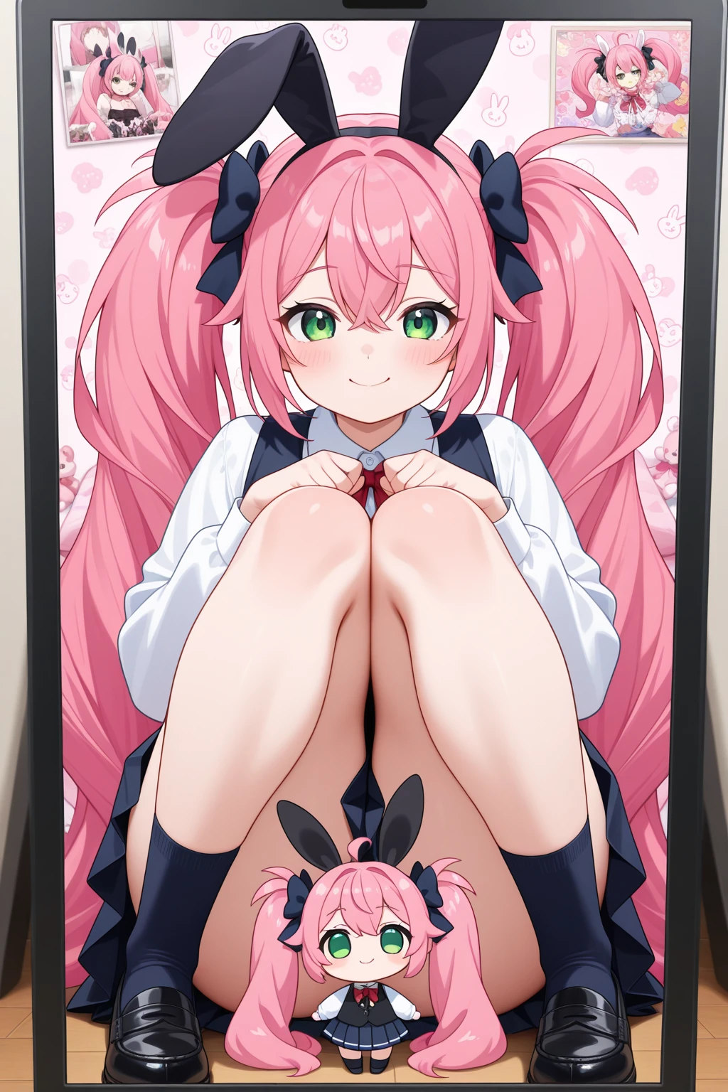 Twintails, hair down the edge of her ass