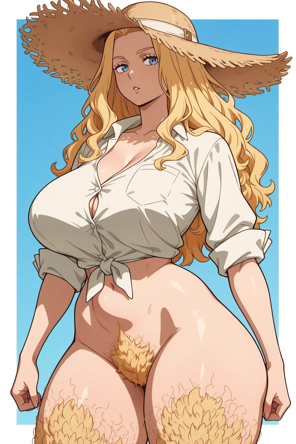 Rangiku Matsumoto from Bleach wearing a bikini covered in sweat squatting with big breasts thick thighs wide hips with her hands behind her head and legs open exposing her hairy pussy looking at the viewer with a smile