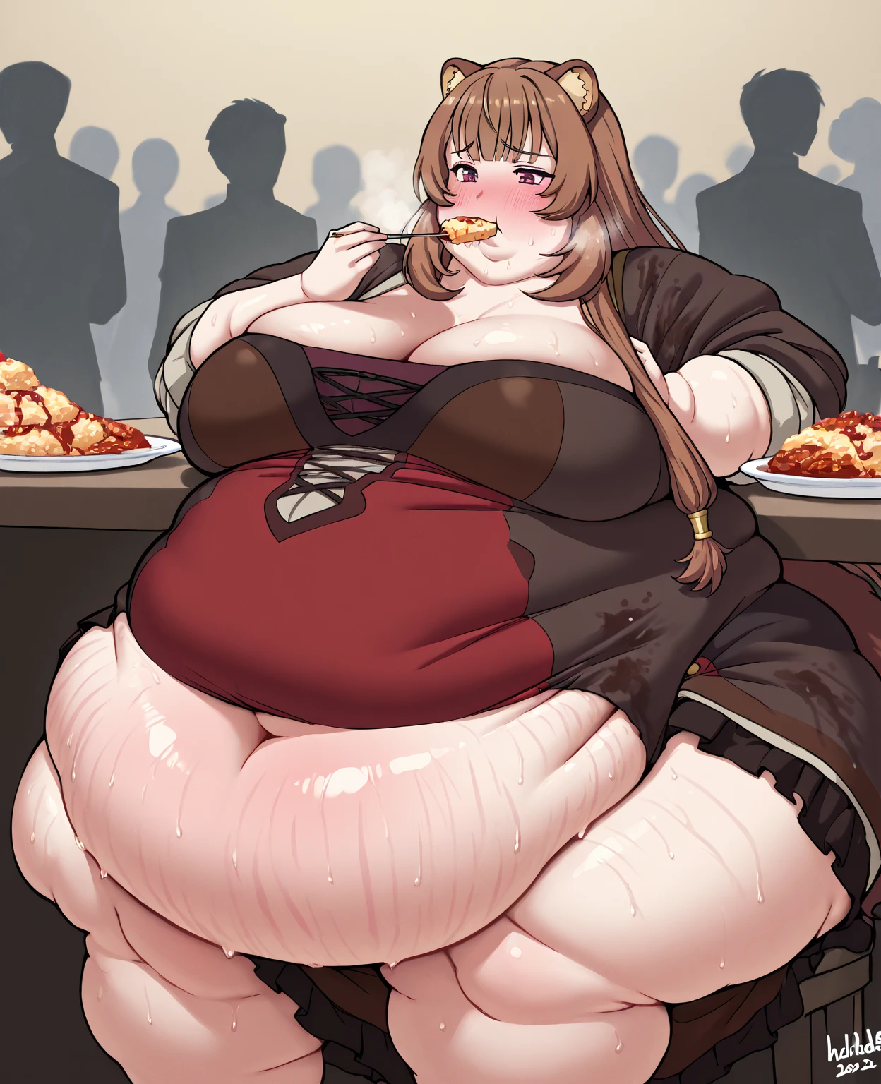 A MILF、Beautie、takeout、ultra gigantic tits、Hyper-obese body、tight fitted、Overfeeding、during a meal、Eat a lot、Fill your mouth、Full and painful、Dai Eater、I'm about to throw up